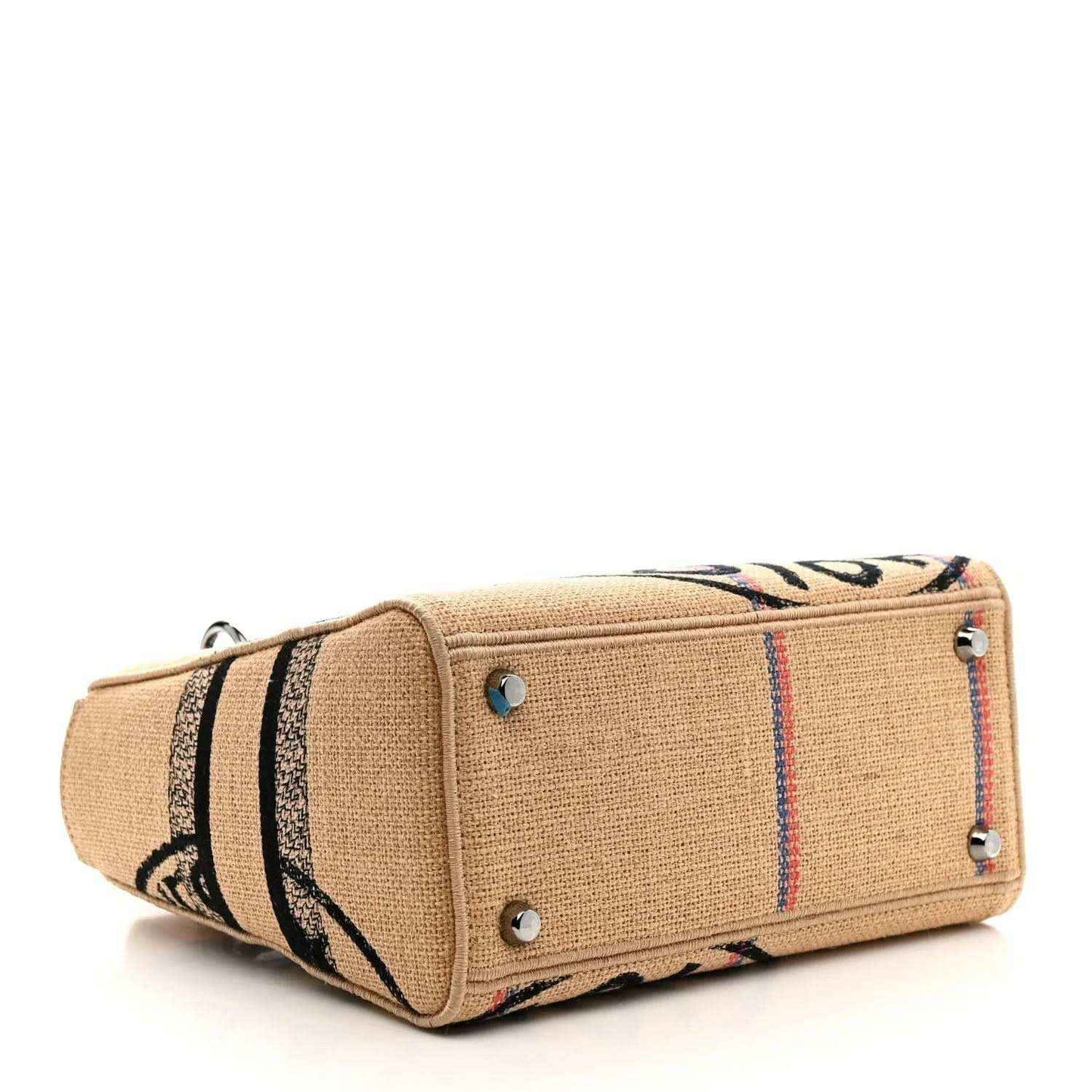 Beige jute tote bag base with black logo stripe and side stitching, metal rivets