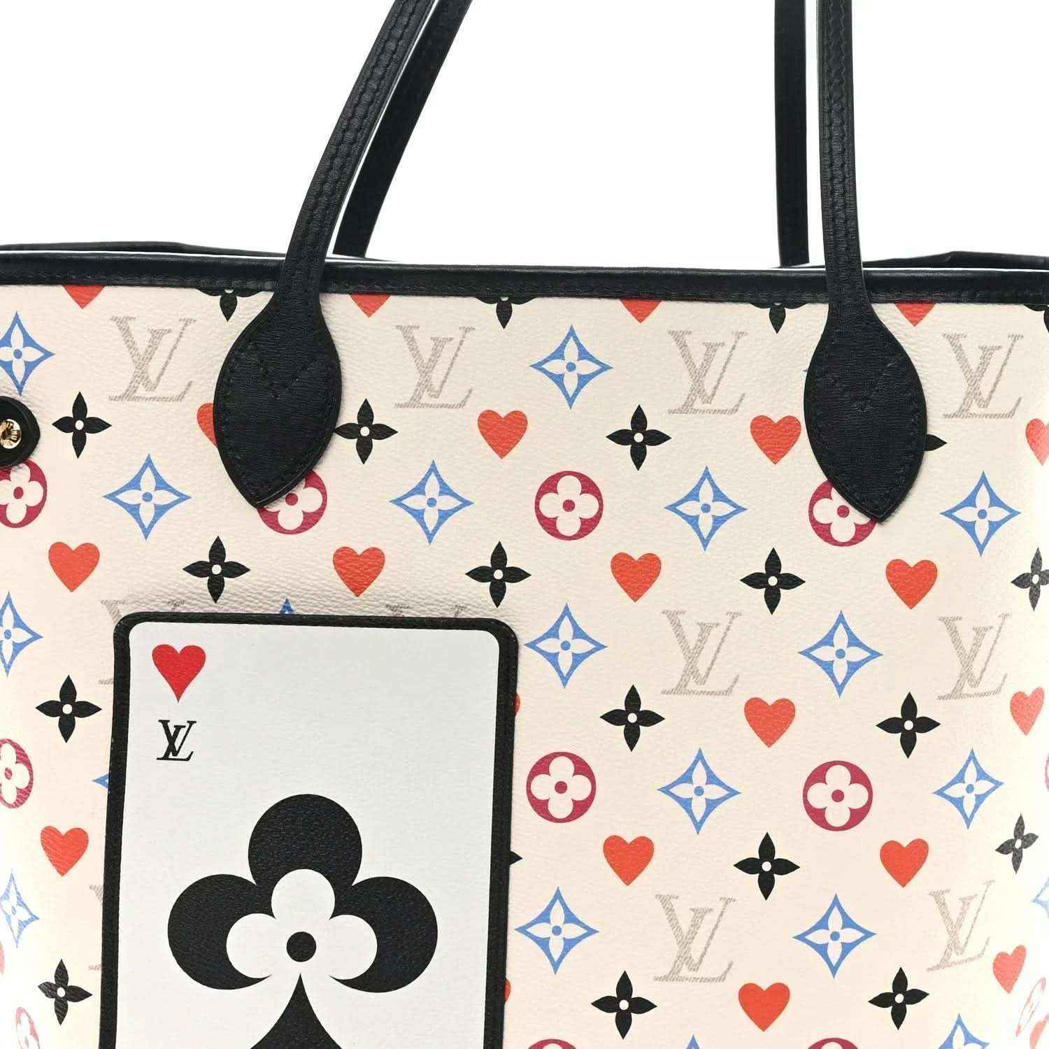White monogram tote front patch with black flower emblem and red heart motifs