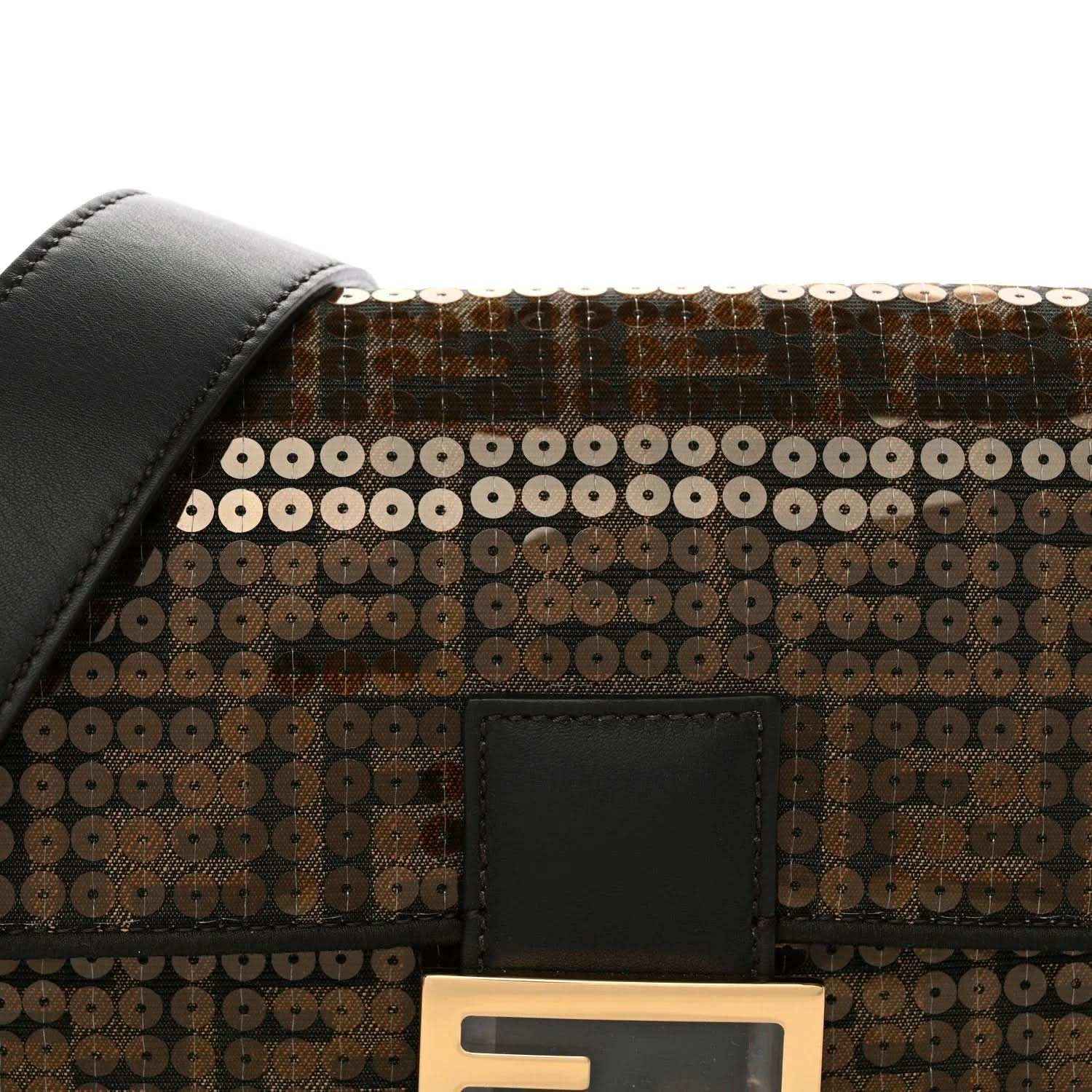 Fendi baguette bag front close-up with black leather flap and gold FF clasp