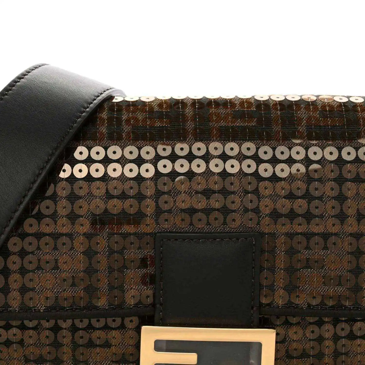Fendi baguette bag front close-up with black leather flap and gold FF clasp