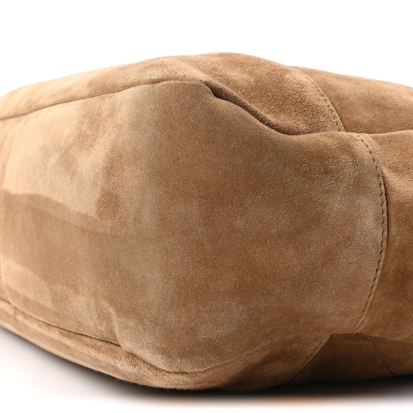 Golden brown suede medium tote bag, rounded shape with side seam detail