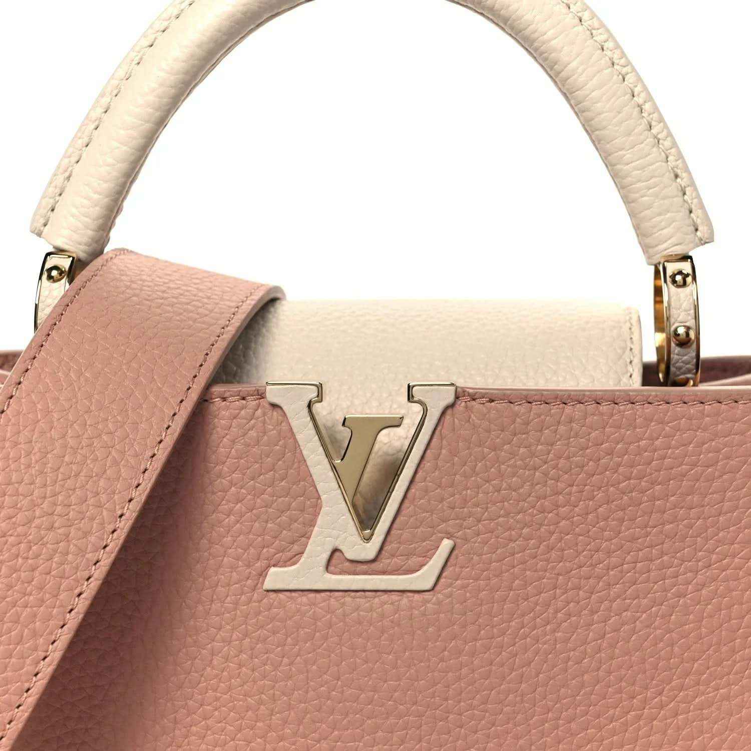 Rose leather handbag with cream trim and gold LV emblem on front