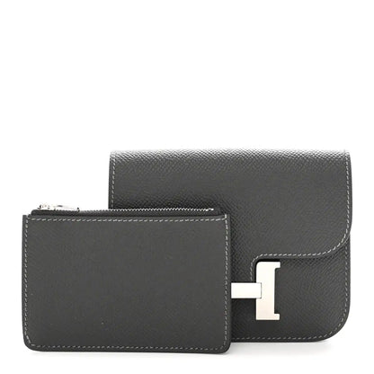 Constance slim wallet open with card pocket in dark textured leather