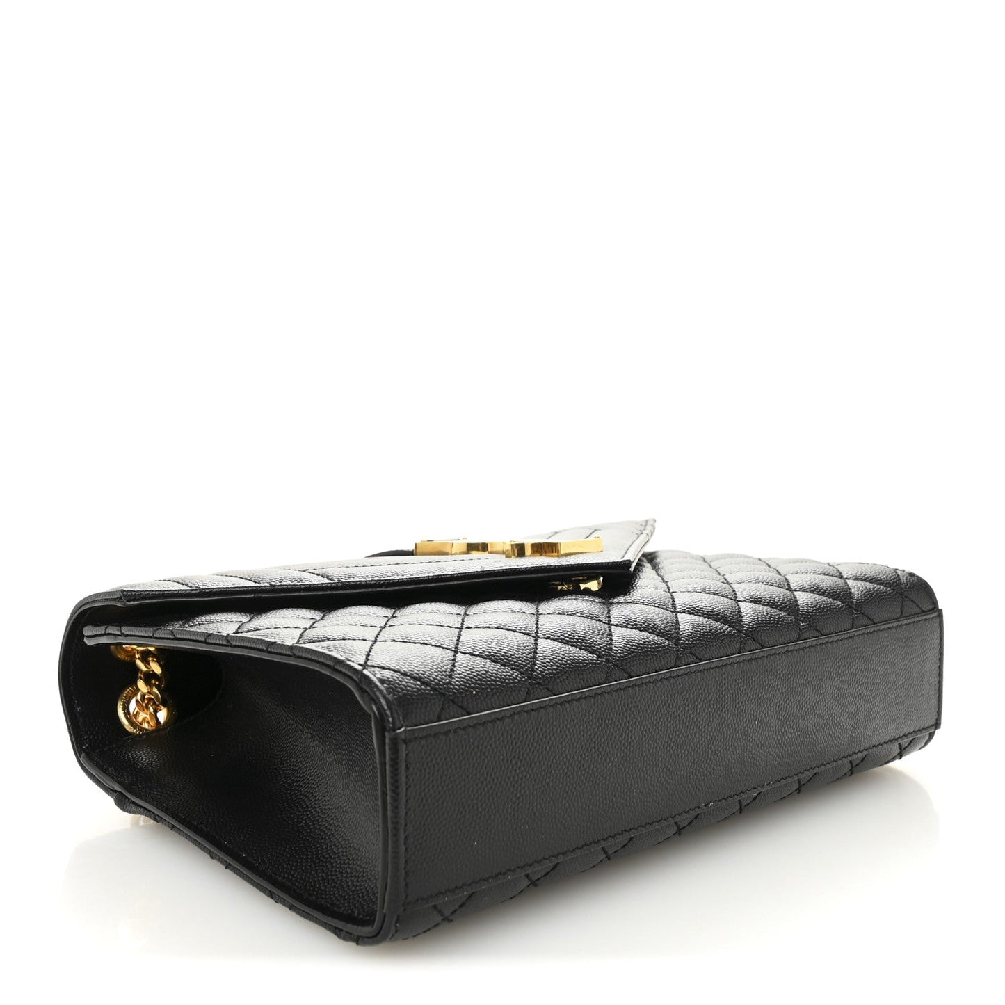 Black quilted leather satchel side view with gold-tone hardware