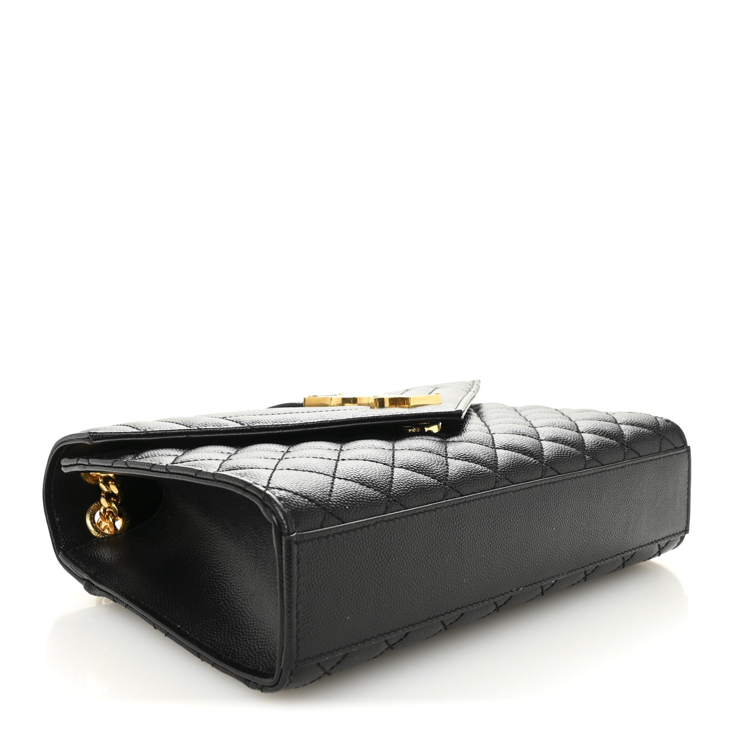 Black quilted leather satchel side view with gold-tone hardware