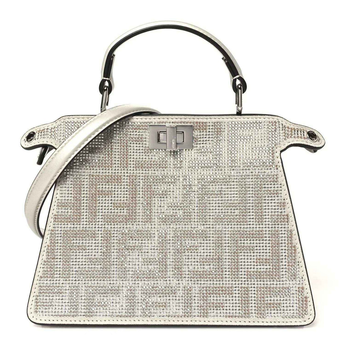 Small crystal-embellished satchel with top handle, logo clasp, and front FF pattern