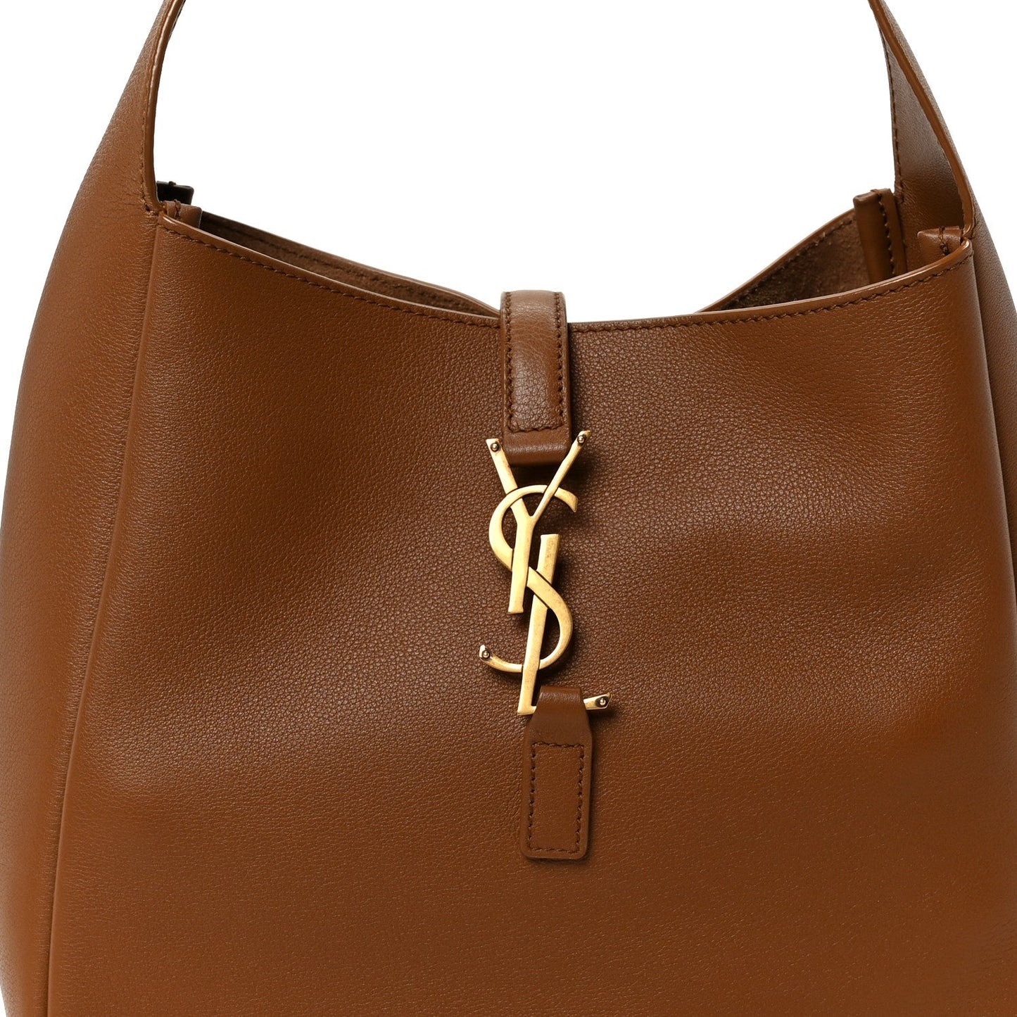 Saint Laurent hobo bag front with gold-tone YSL logo and small leather zipper pull
