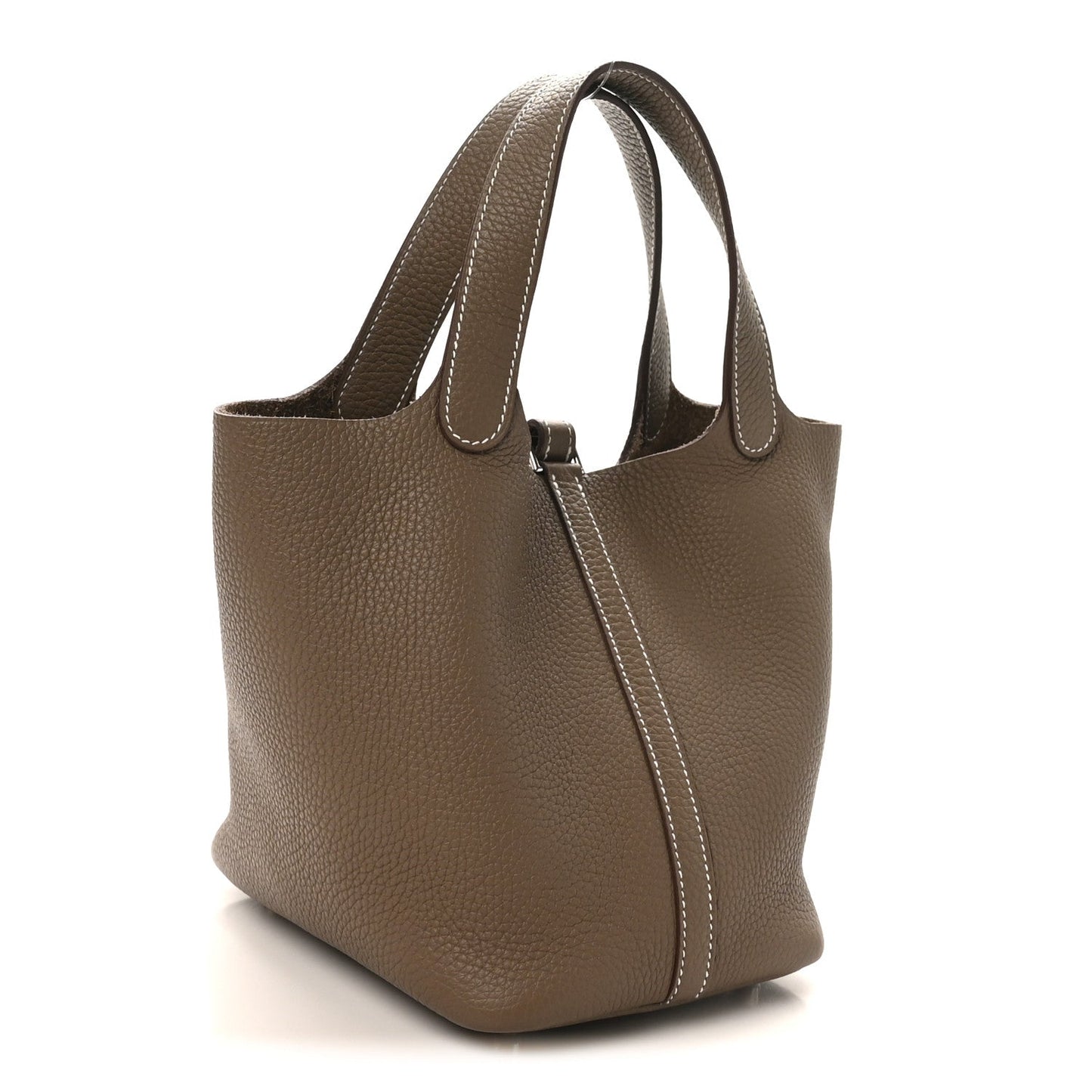 Taupe leather tote bag with two shoulder straps and front lock detail