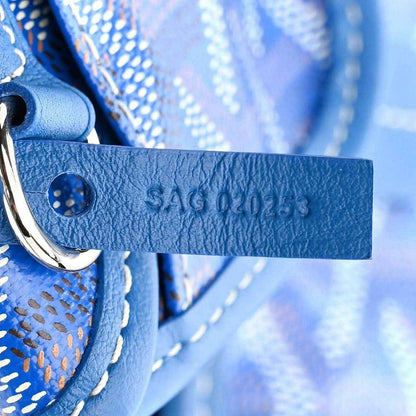Mini reversible tote bag, blue leather strap with embossed lettering and metal hardware