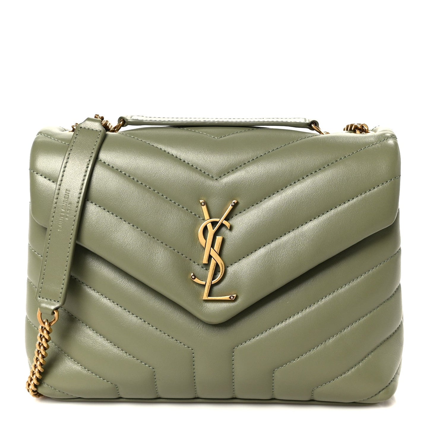Light sage quilted leather small chain satchel with YSL monogram front and top handle