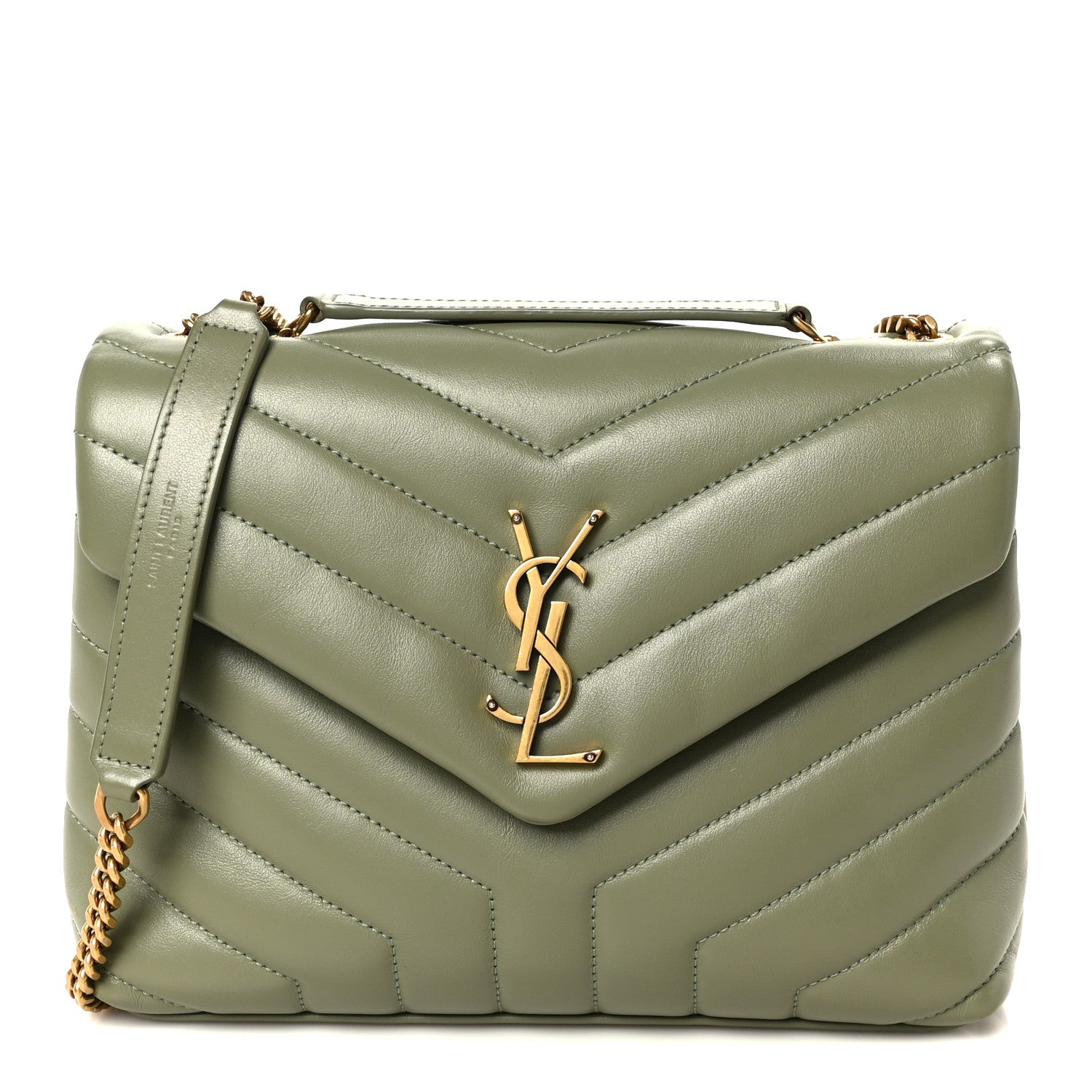 Light sage quilted leather small chain satchel with YSL monogram front and top handle