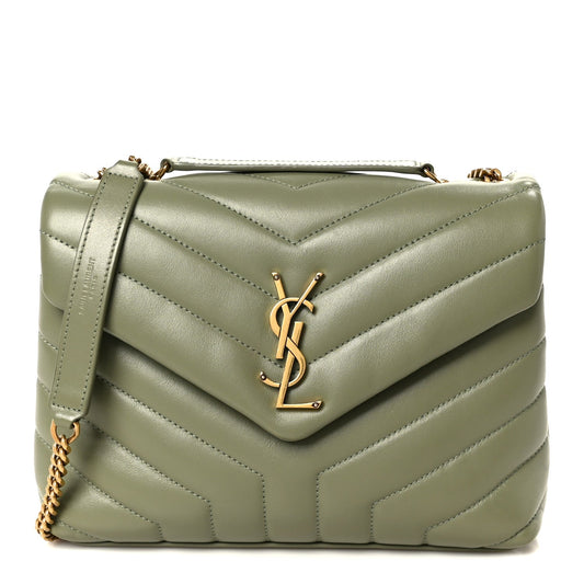 Light sage quilted leather small chain satchel with YSL monogram front and top handle