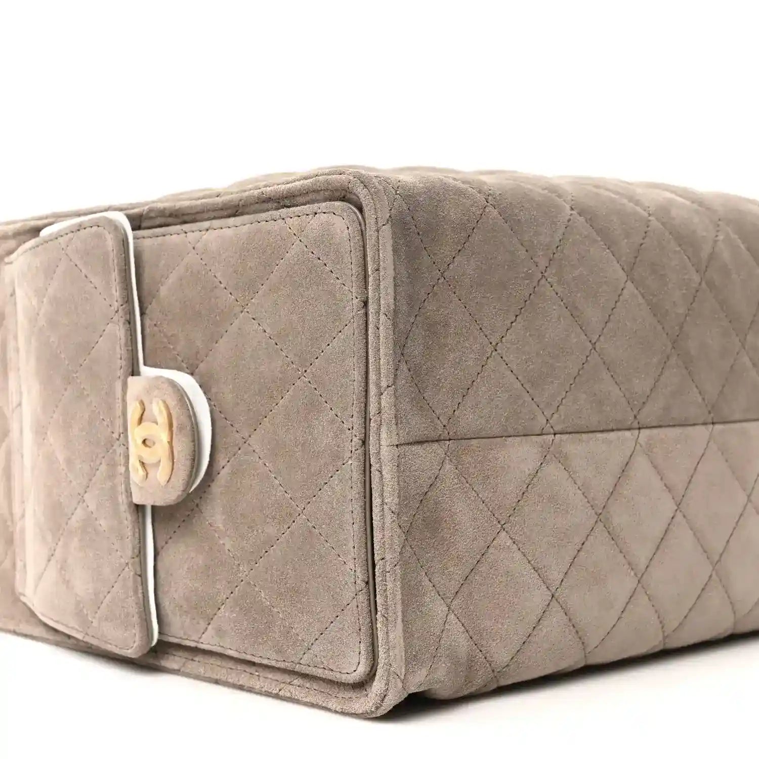 Chanel quilted suede shoulder bag, dark grey, side button clasp and flap