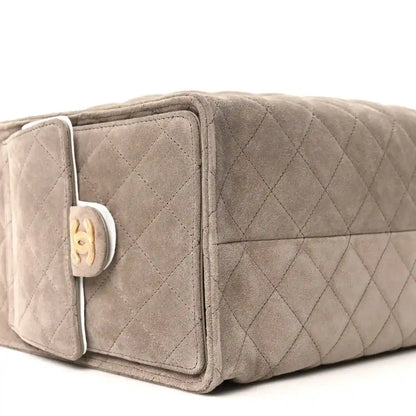 Chanel quilted suede shoulder bag, dark grey, side button clasp and flap