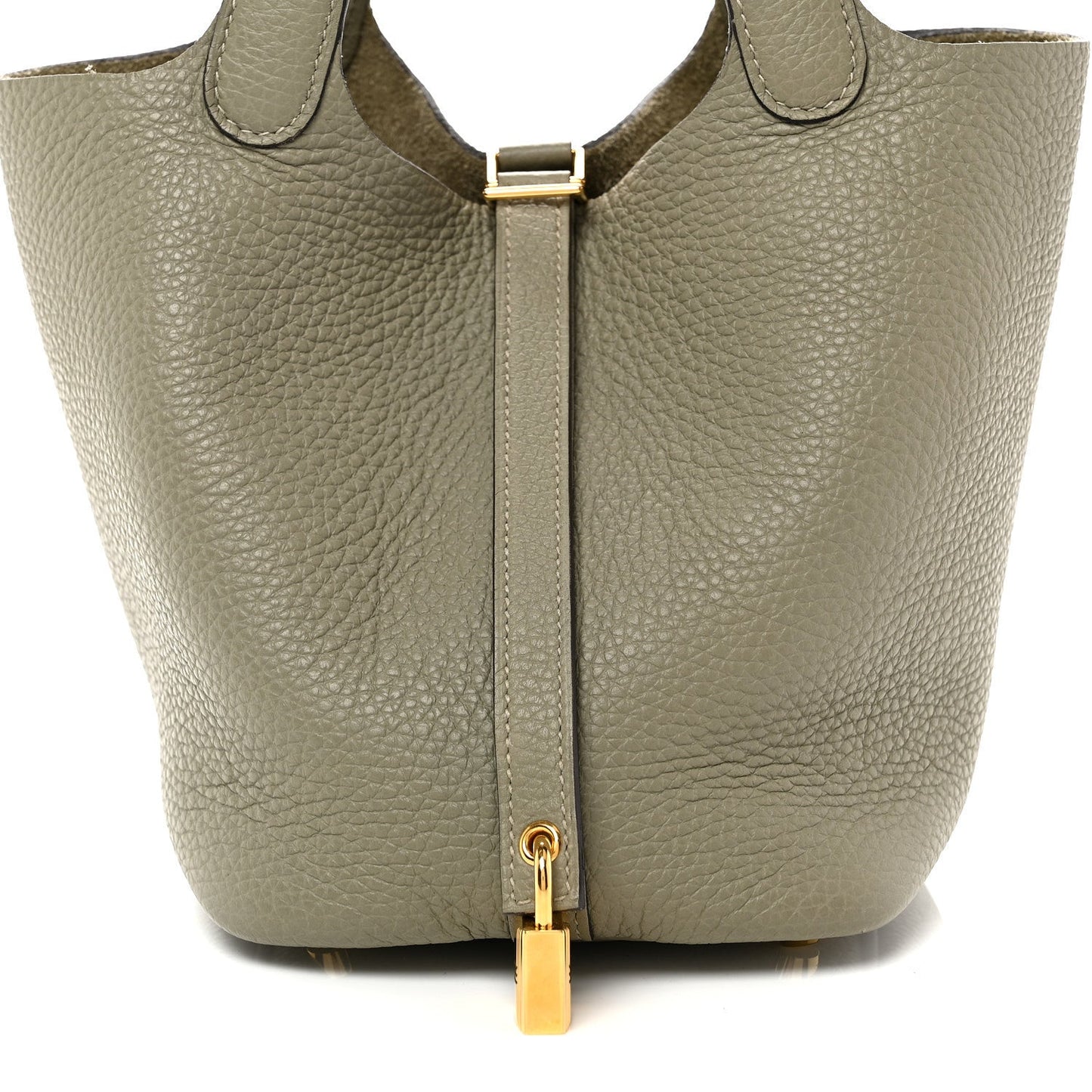 Sauge leather tote bag front view with top handle strap and centered gold lock