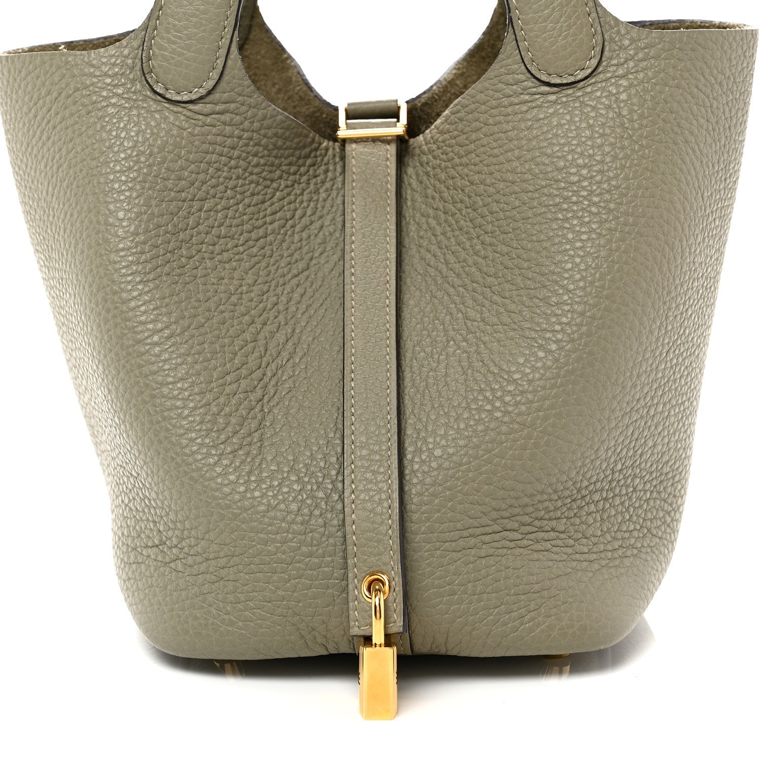 Sauge leather tote bag front view with top handle strap and centered gold lock