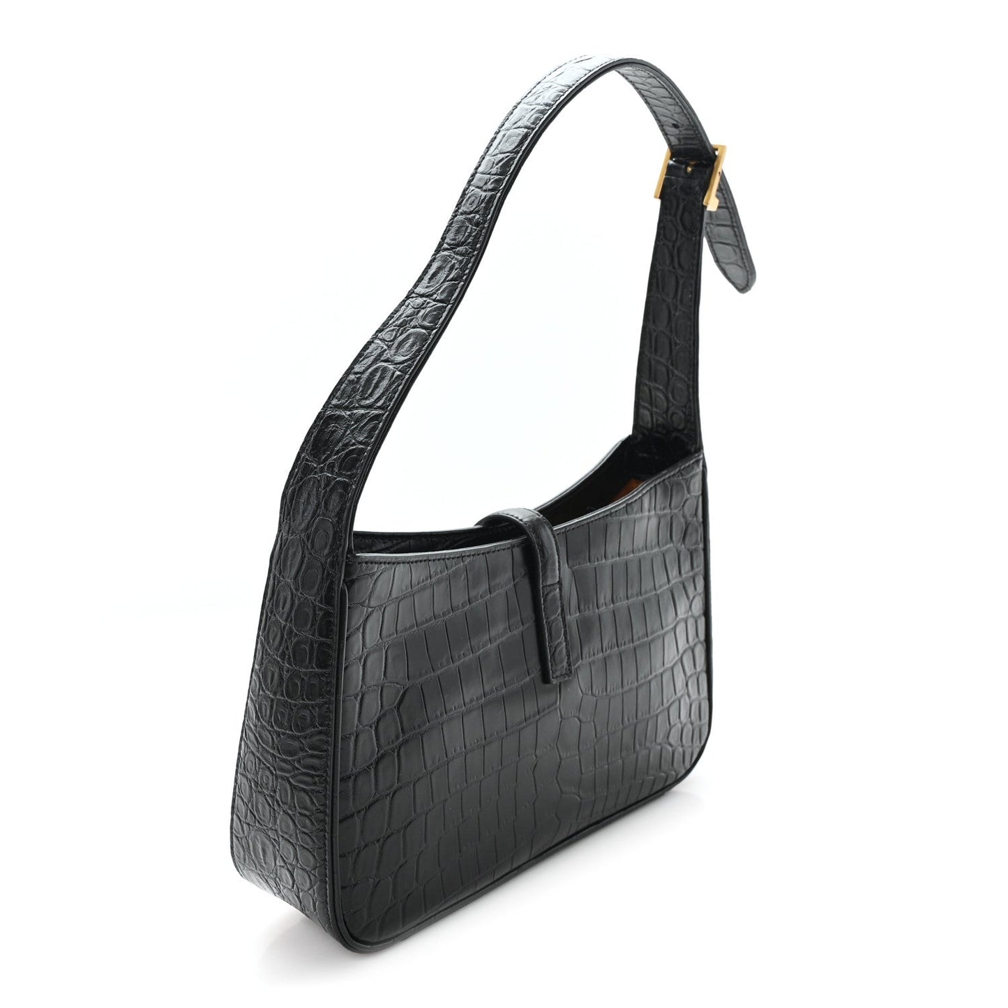 Black embossed calfskin hobo bag with single strap and rectangular front panel
