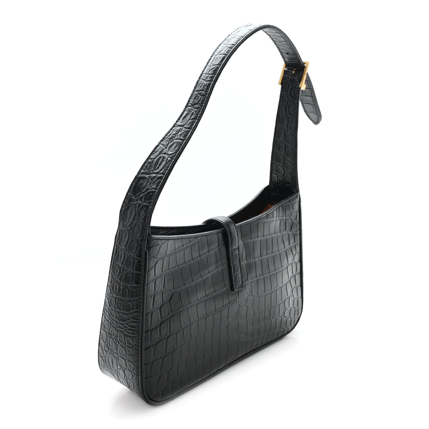 Black embossed calfskin hobo bag with single strap and rectangular front panel