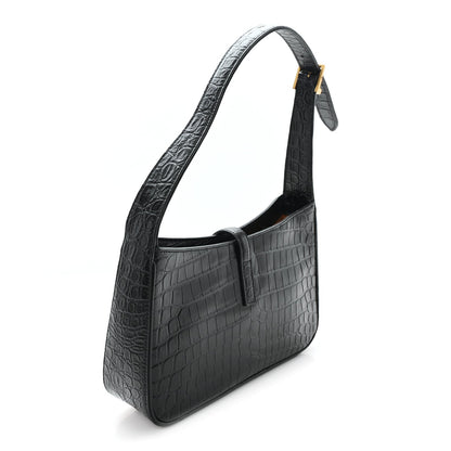 Black embossed calfskin hobo bag with single strap and rectangular front panel