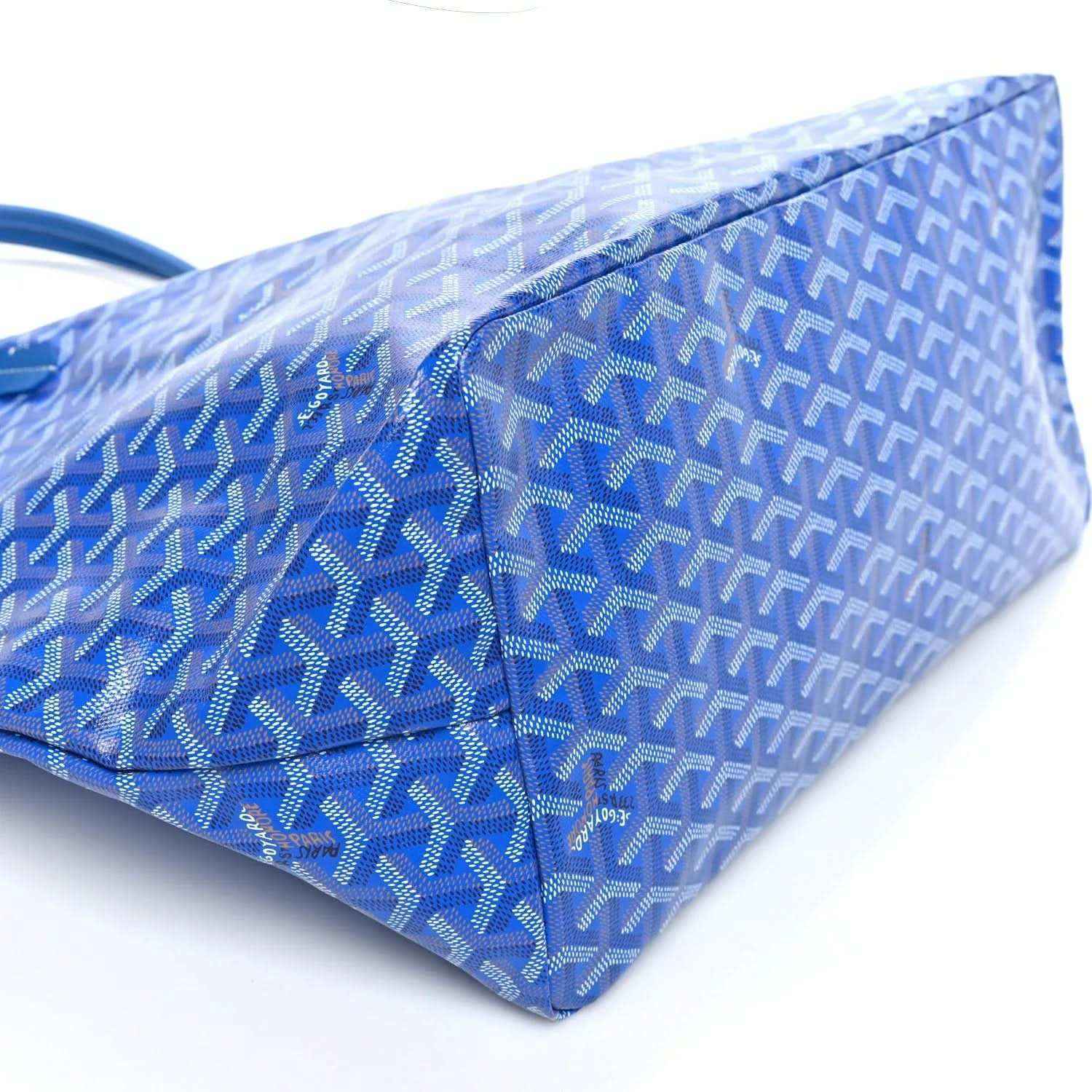Sky blue Goyardine tote bag side view with woven pattern and structured base.