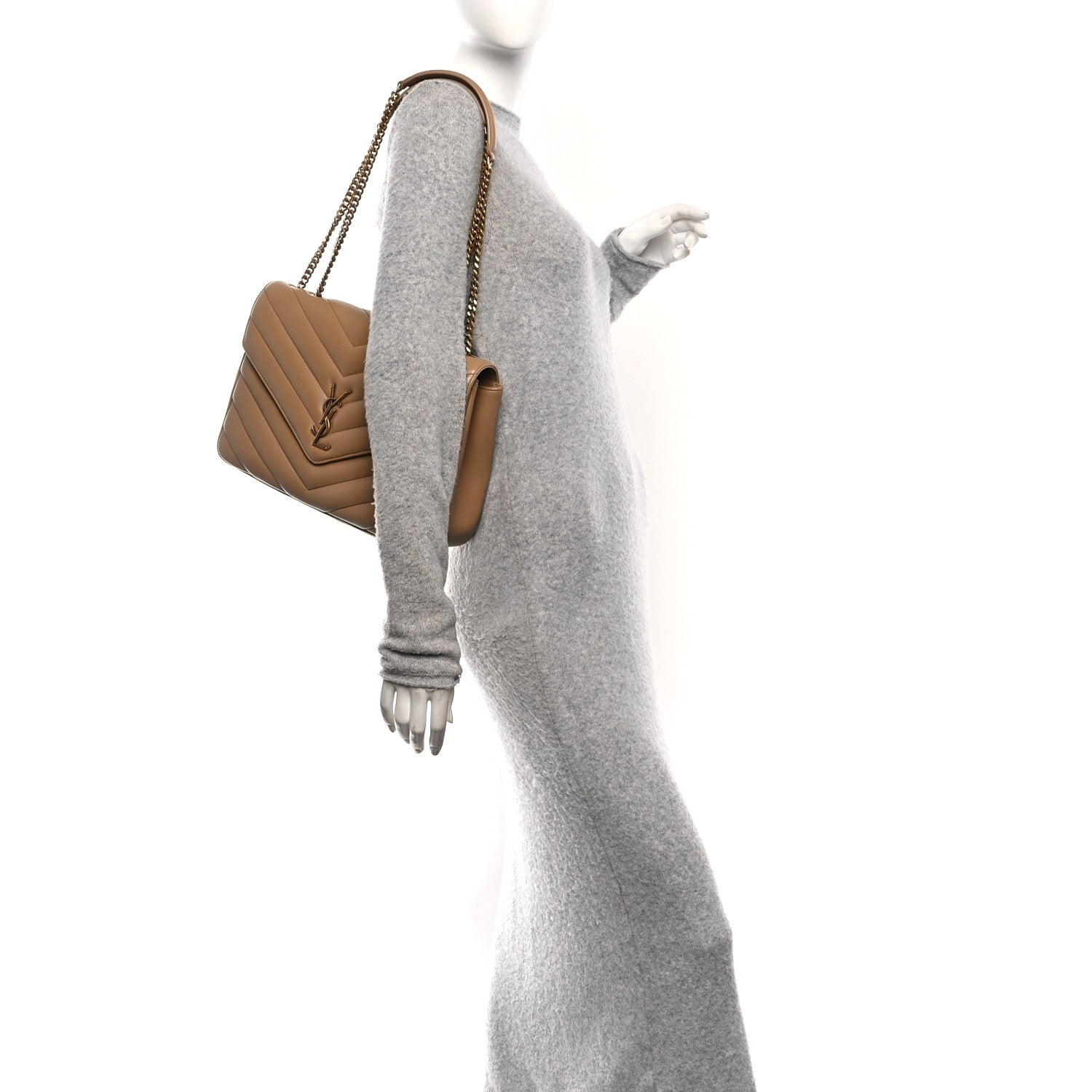 Large Loulou bag with chain strap, natural tan leather, side profile