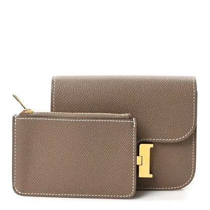 Hermes Constance slim wallet, etoupe textured leather, gold H clasp