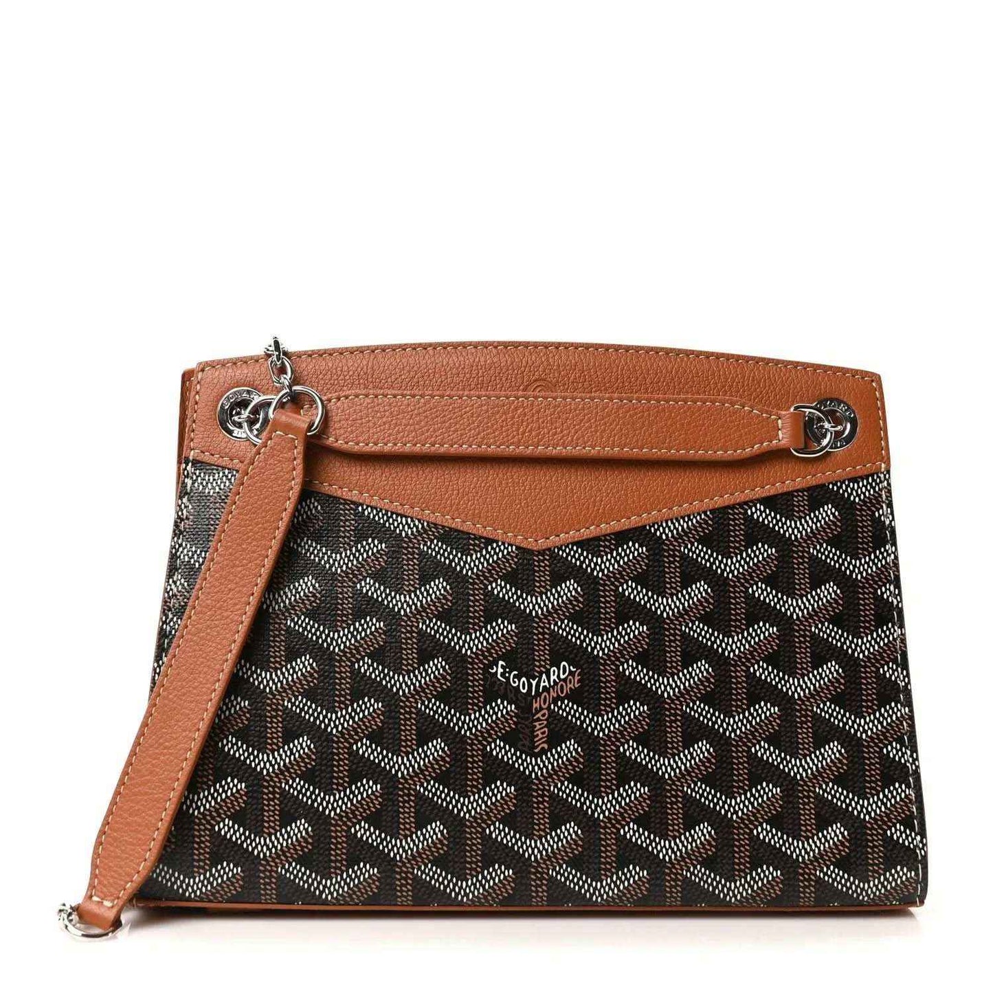 Mini tote bag with black and tan Goyardine-style logo canvas, tan leather trim, and clasp.