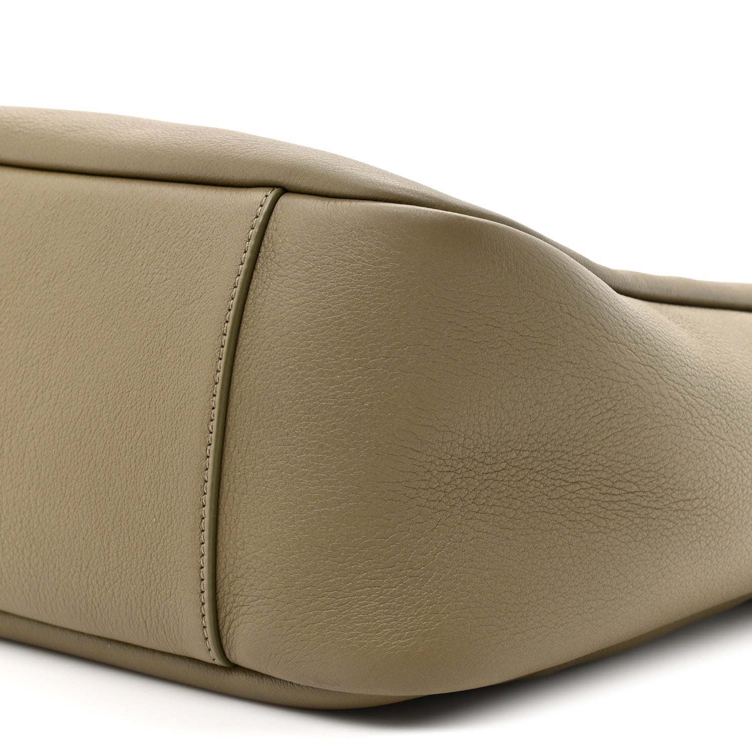 Olive leather hobo bag corner with edge stitching detail