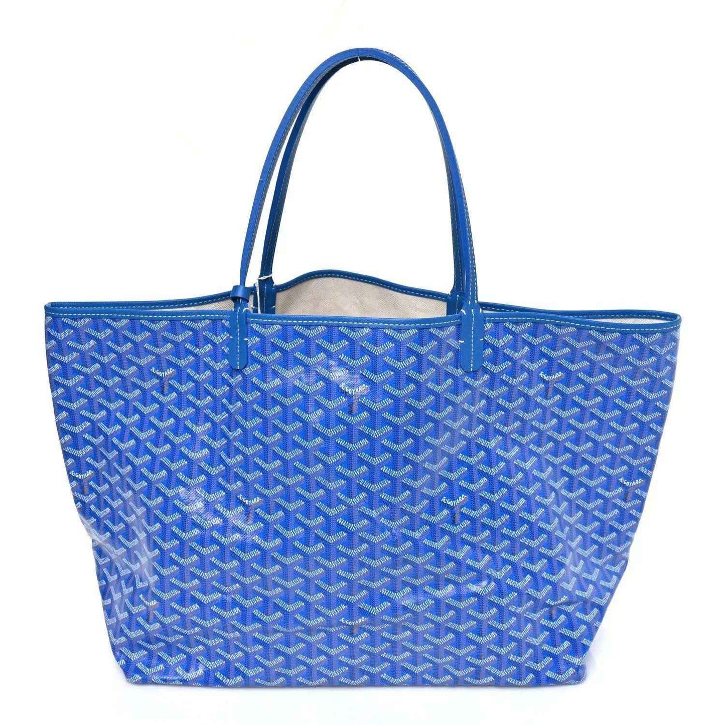 Sky blue Goyardine GM tote bag with woven Goyard pattern and blue leather trim.