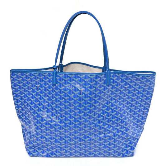Sky blue Goyardine GM tote bag with woven Goyard pattern and blue leather trim.