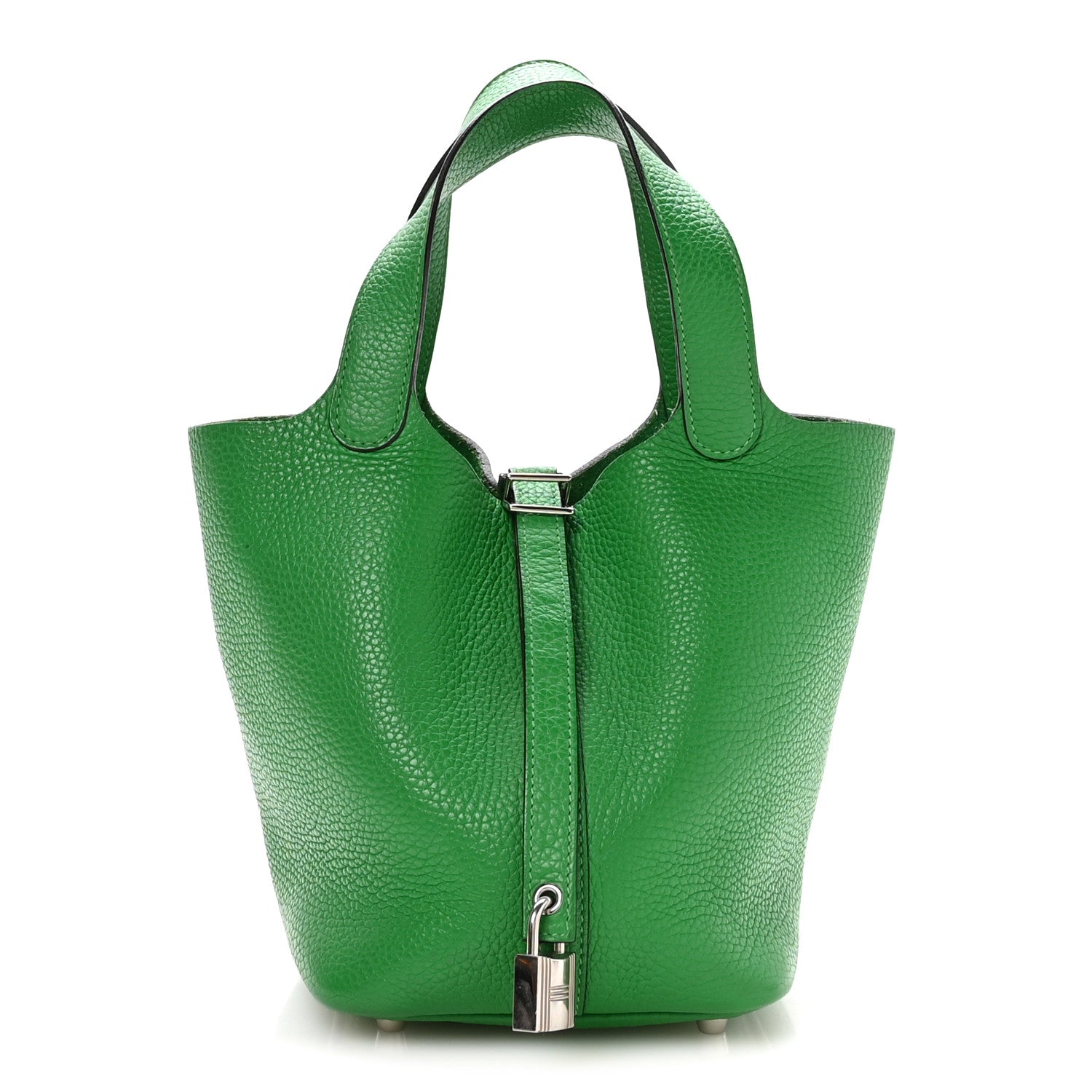 Green leather tote bag with top handles and silver lock clasp