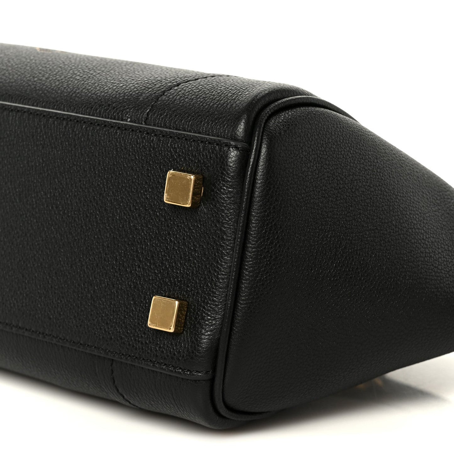 Black grained calfskin tote bag corner with gold hardware