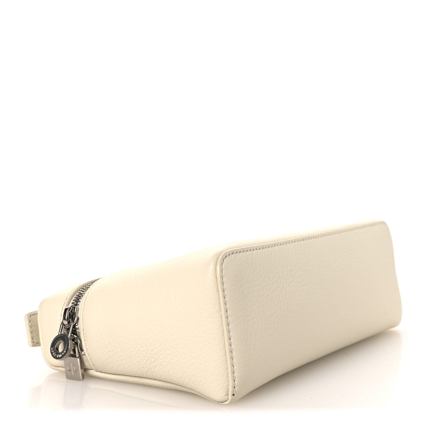 Whisper white grained calfskin pouch end profile with zipper track