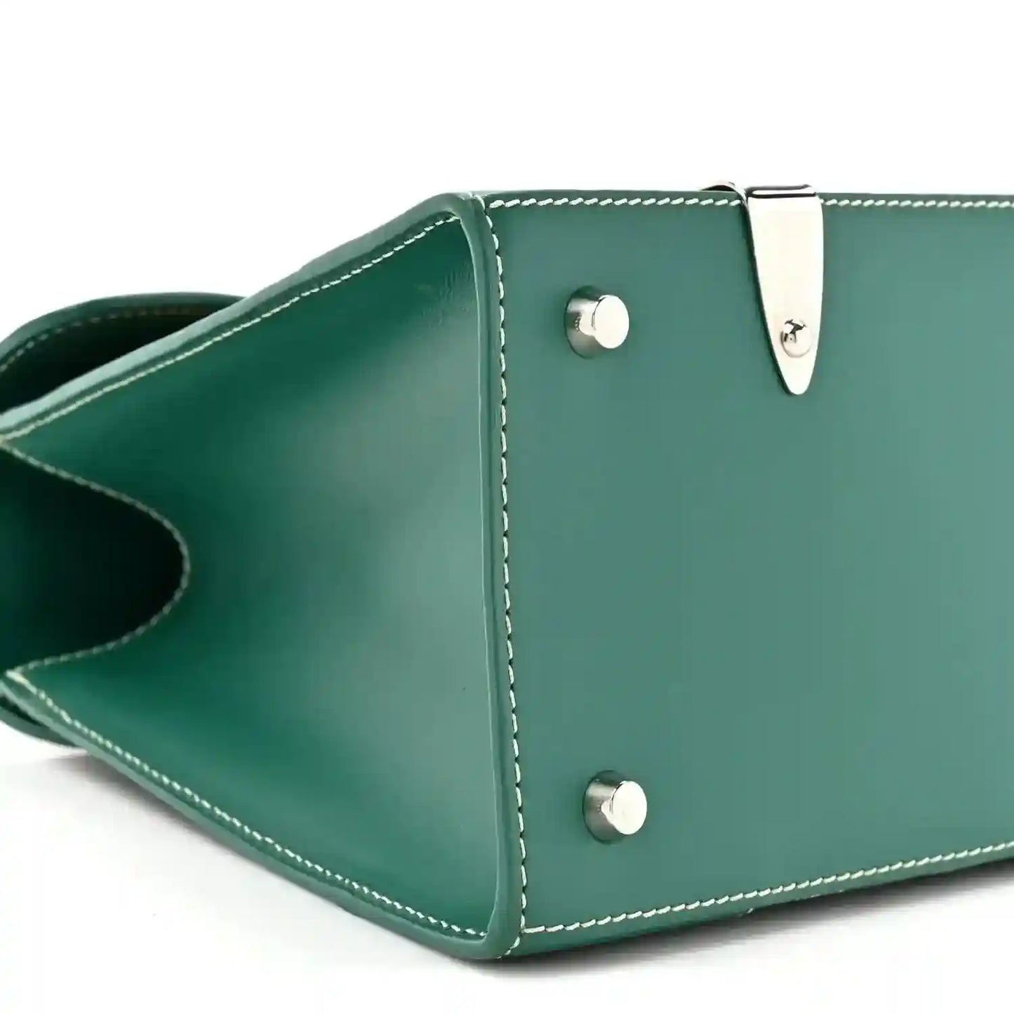 Goyard Saigon PM green canvas bag corner with snap hardware and stitched leather edges