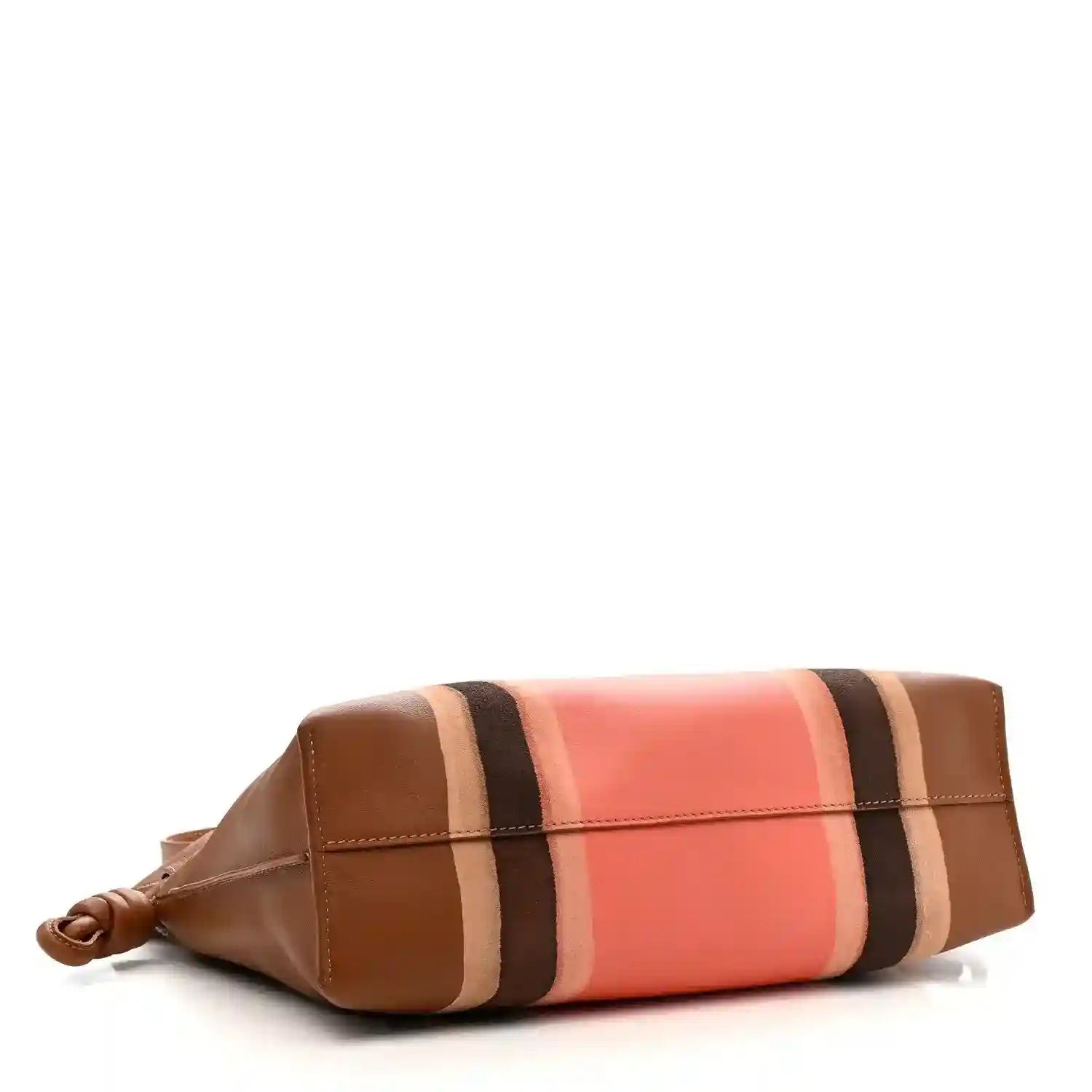 Flamenco knot clutch, coral and brown leather with bold vertical stripe pattern