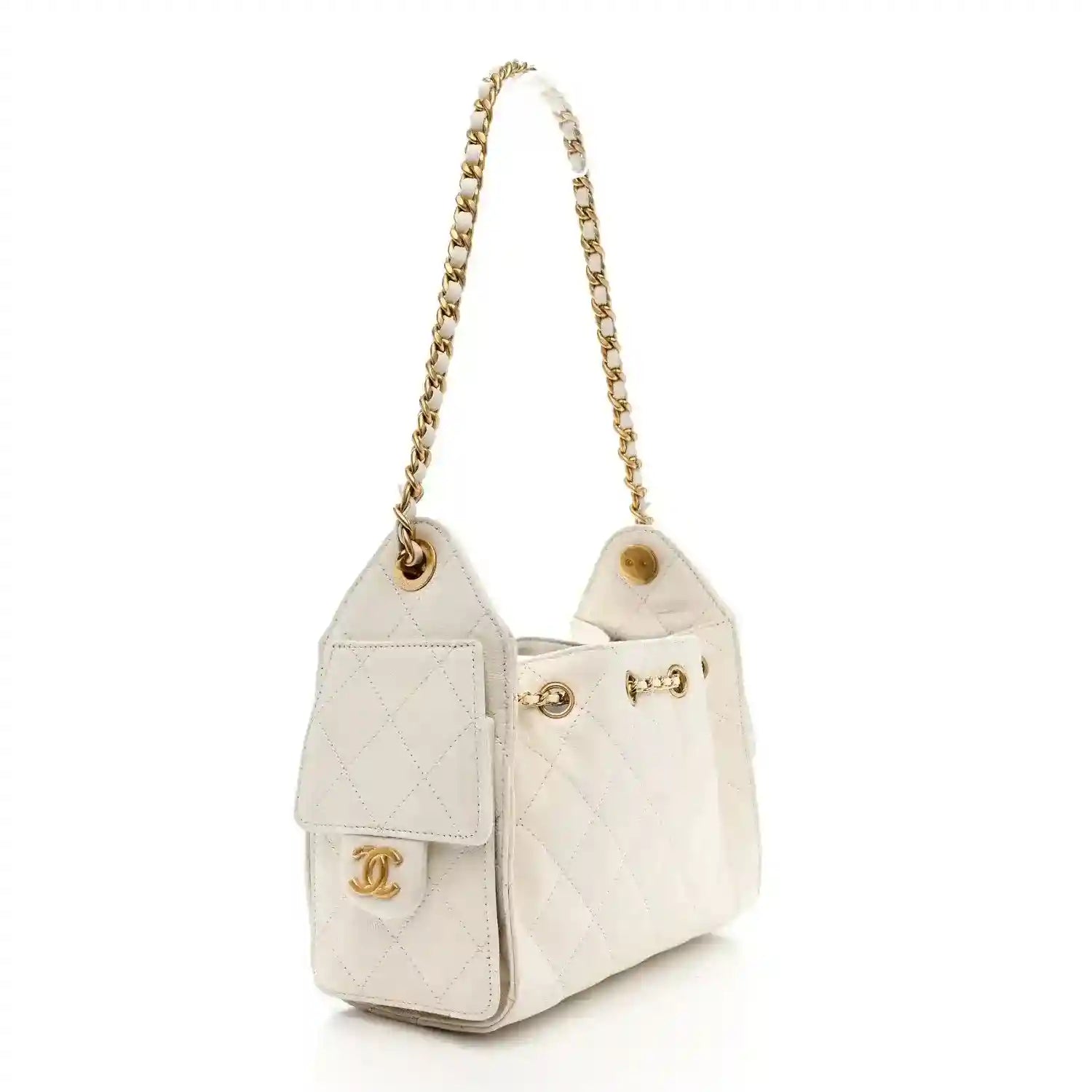 White quilted leather mini handbag with flap front and gold-tone chain shoulder strap