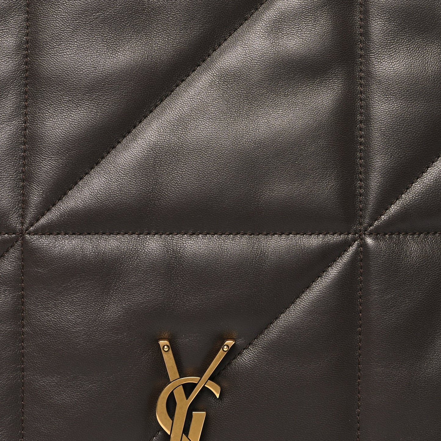 Quilted lambskin shoulder bag with gold-tone YSL logo emblem on dark brown leather.