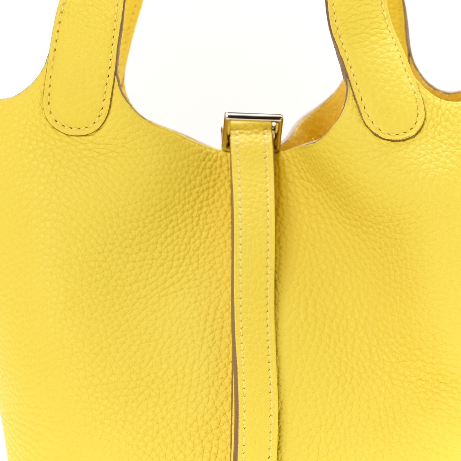 Lime leather tote top with vertical strap and gold turn-lock clasp