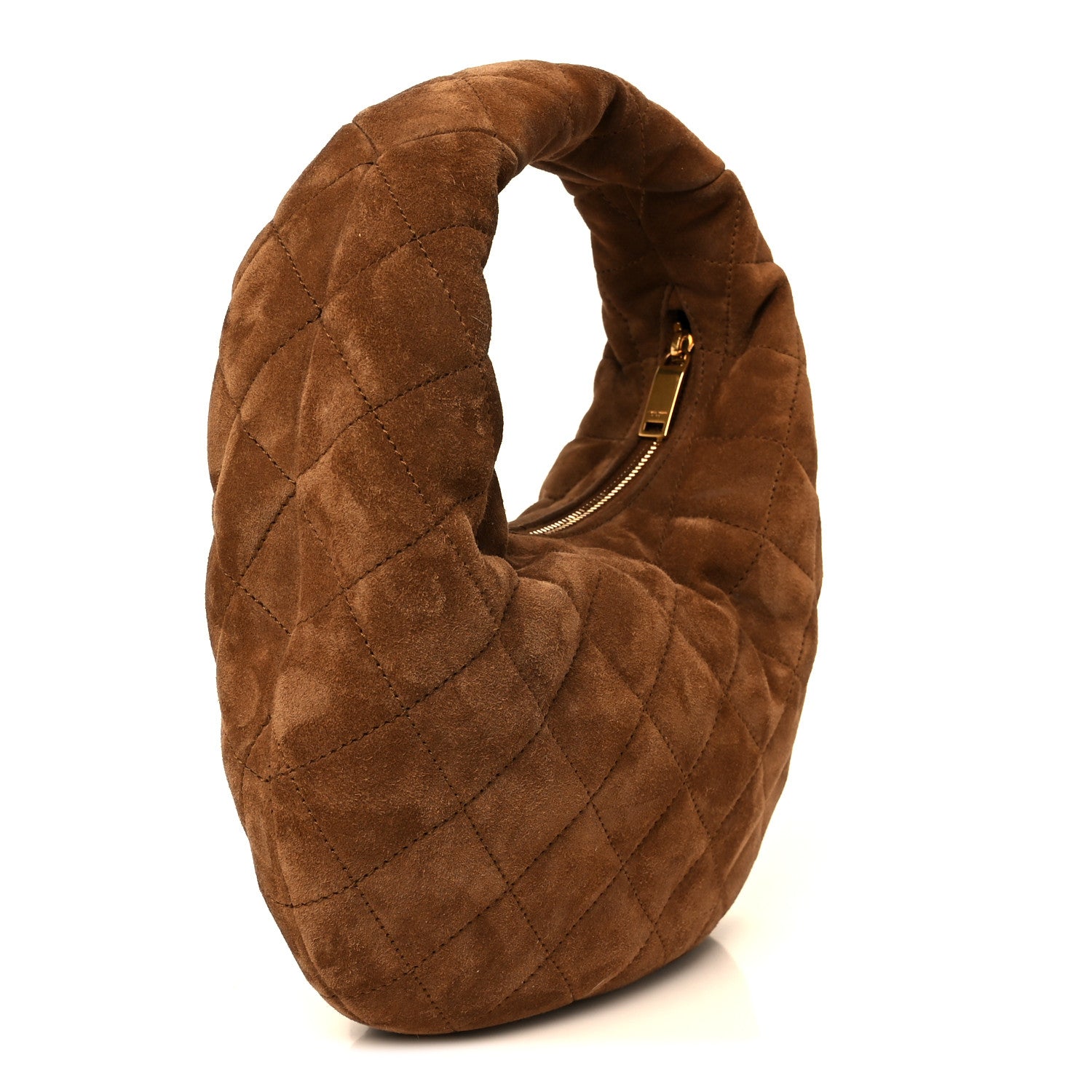 Cognac suede quilted tote bag with open top and zipper detail