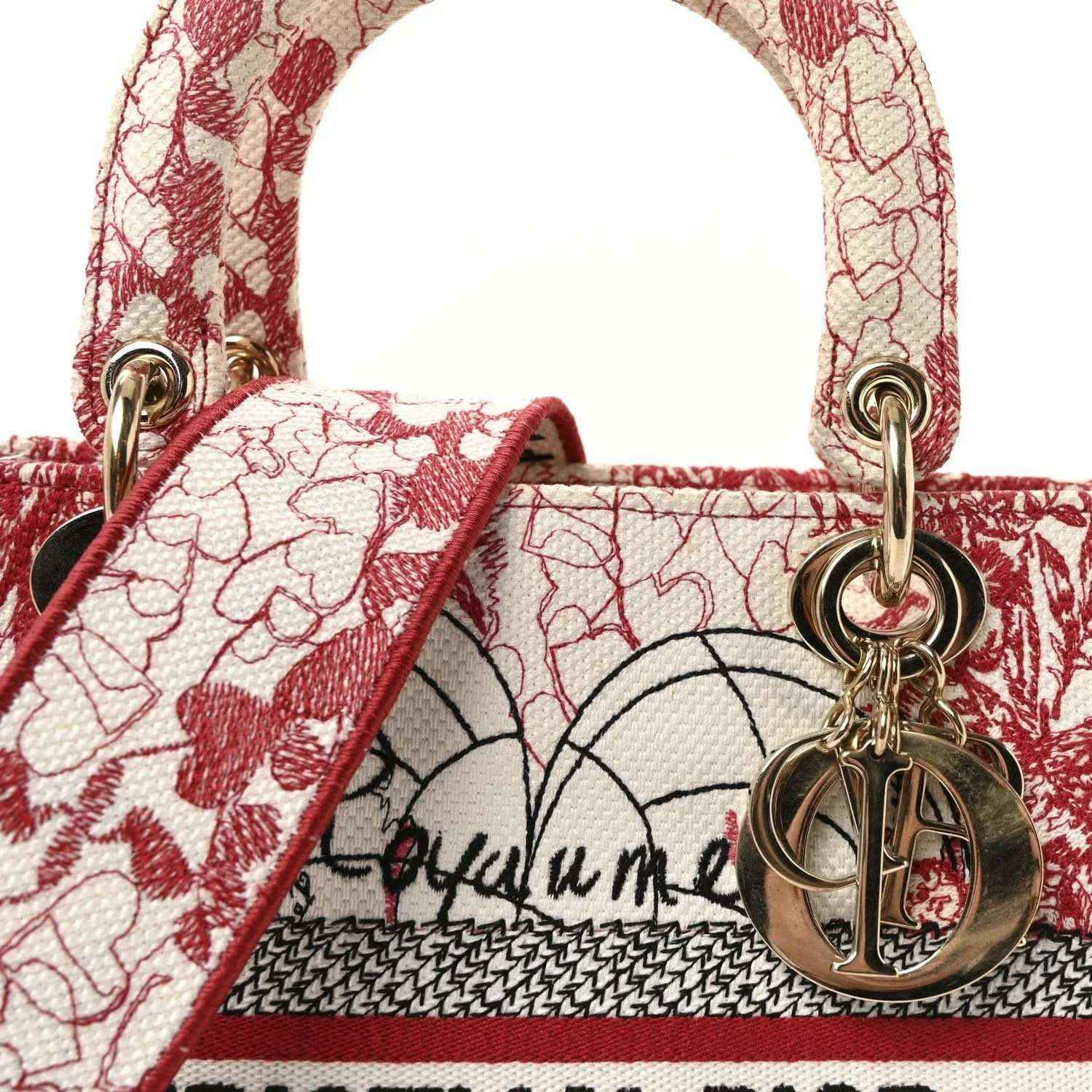 Medium Lady D-Lite handbag front view, red and white embroidered canvas with D charm