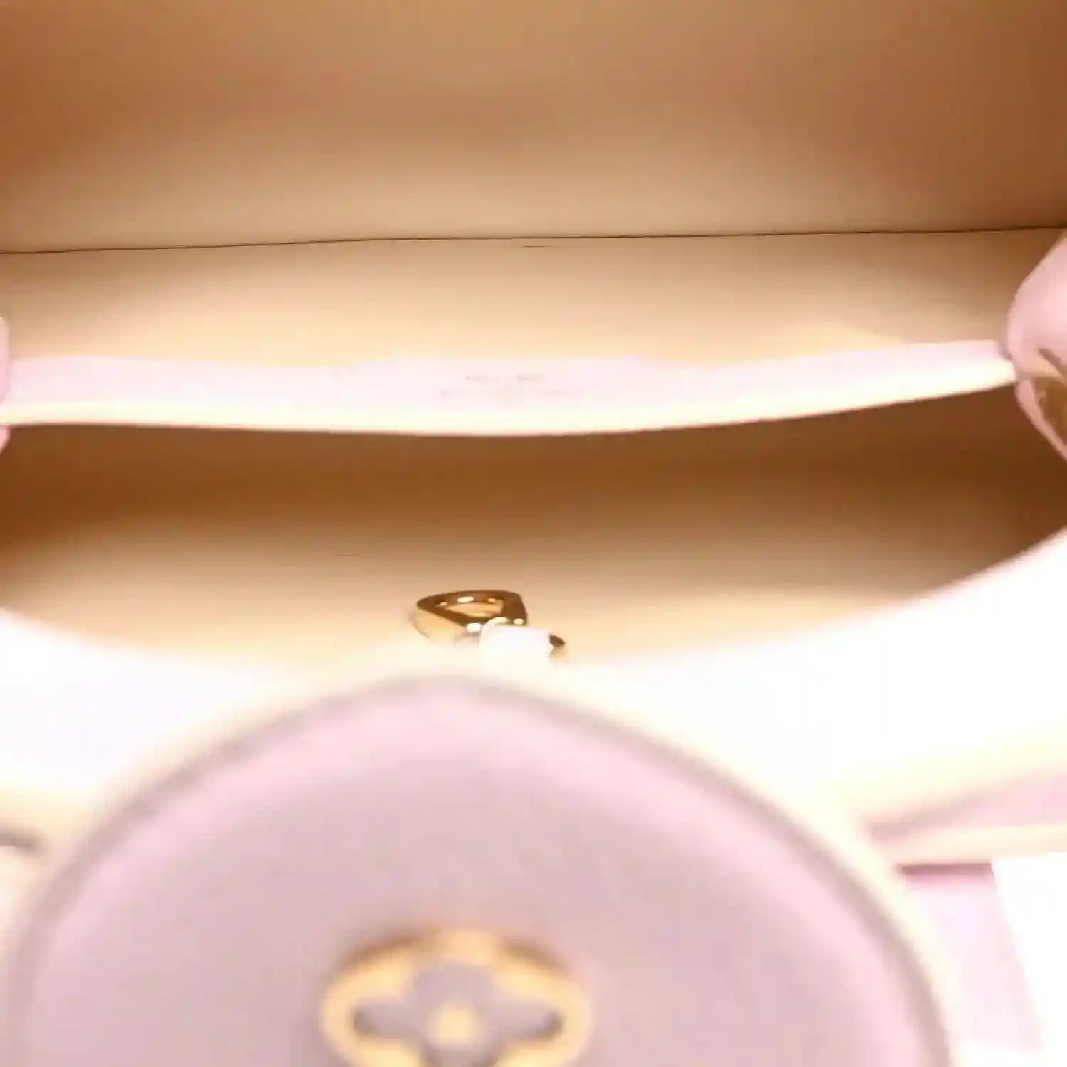 Pink leather handbag interior with gold clasp hardware close-up