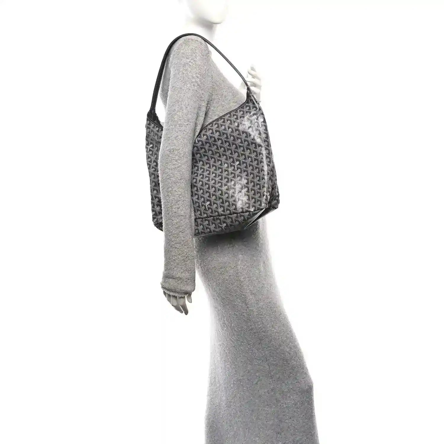 Grey coated canvas hobo bag side view with top handle and structured shape