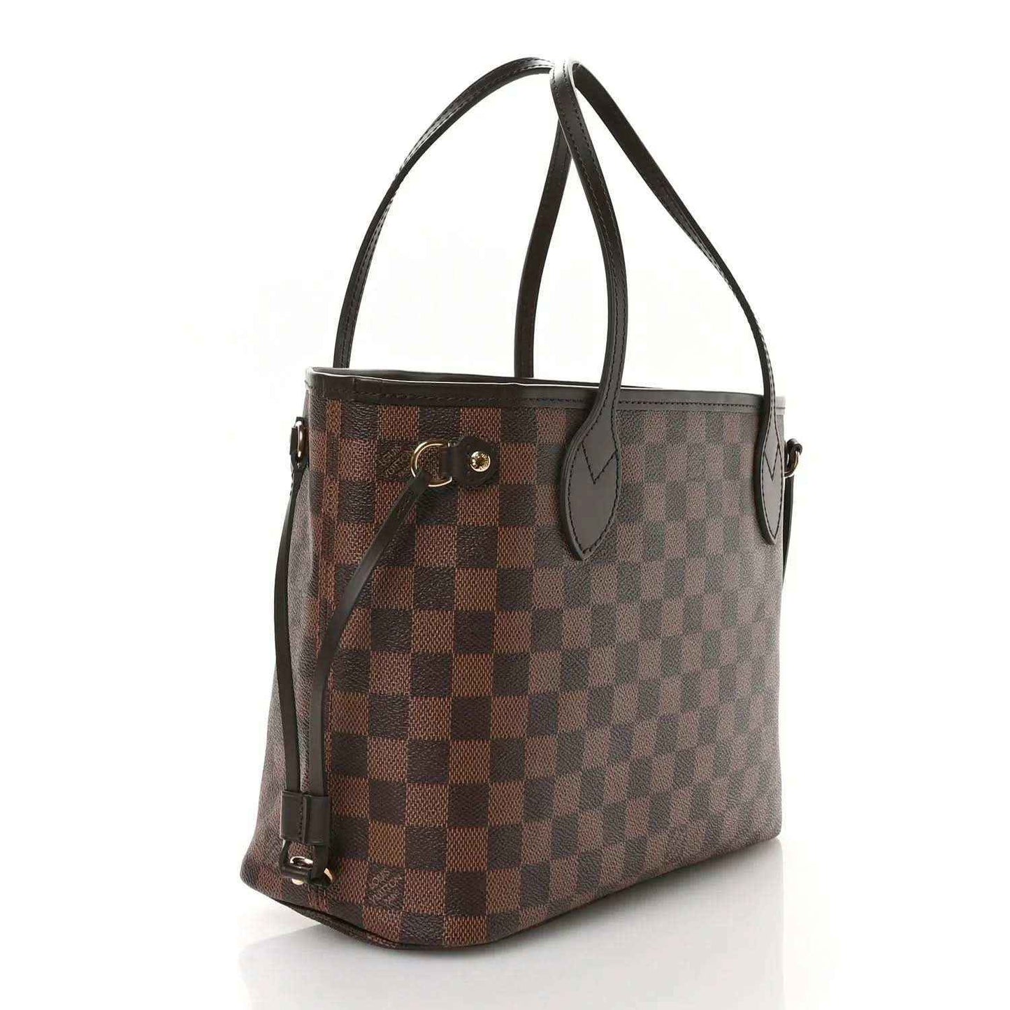 Louis Vuitton Damier Ebene Neverfull PM tote bag with leather shoulder straps and gold hardware