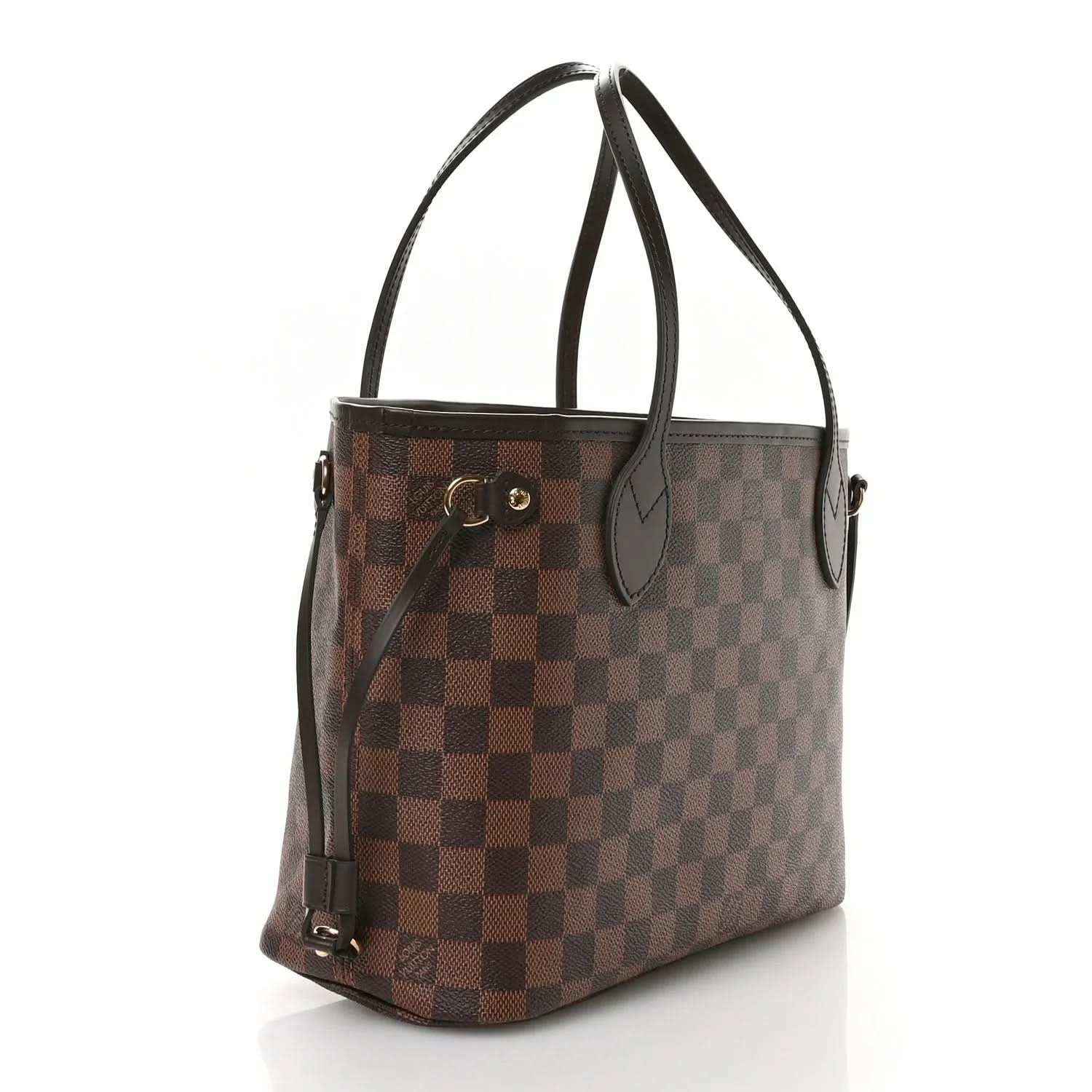 Louis Vuitton Damier Ebene Neverfull PM tote bag with leather shoulder straps and gold hardware