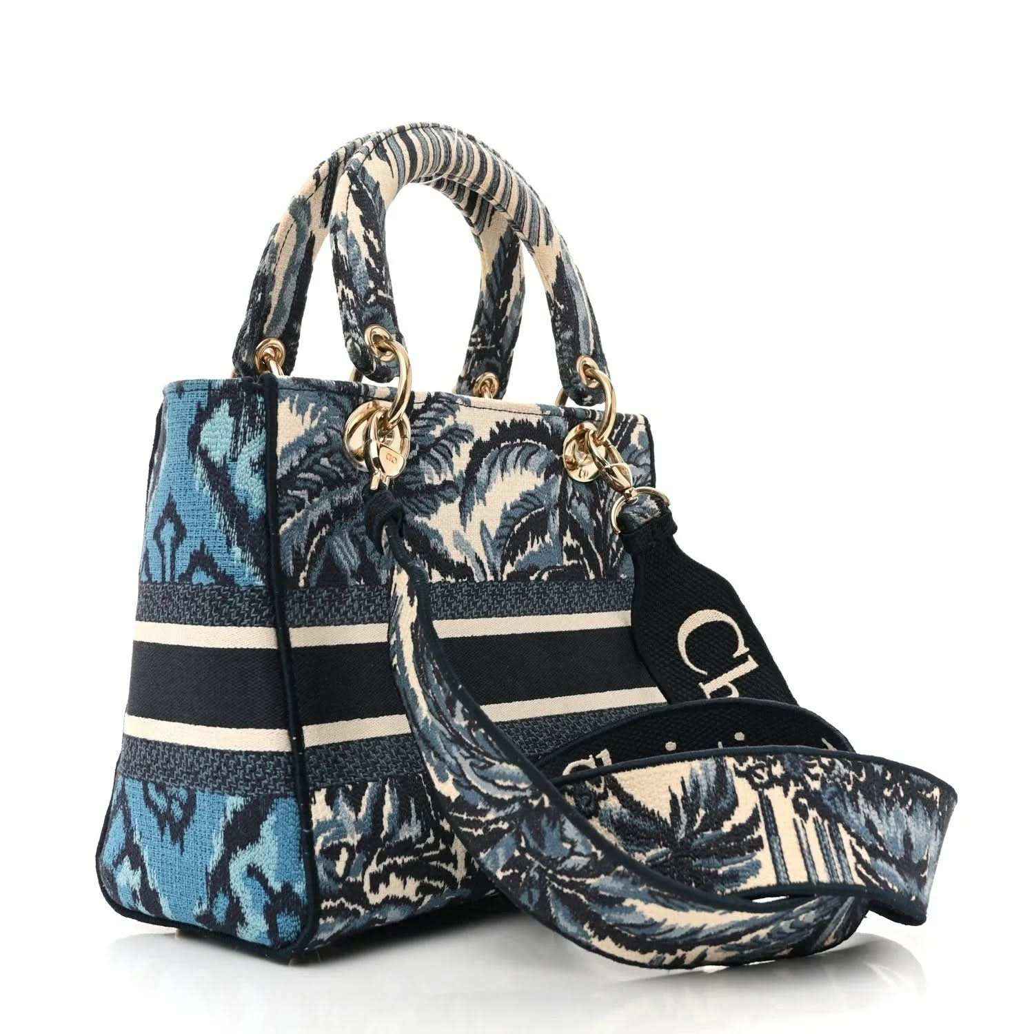 Medium lady handbag with blue and navy palm toile print, braided handles, gold clasp charm