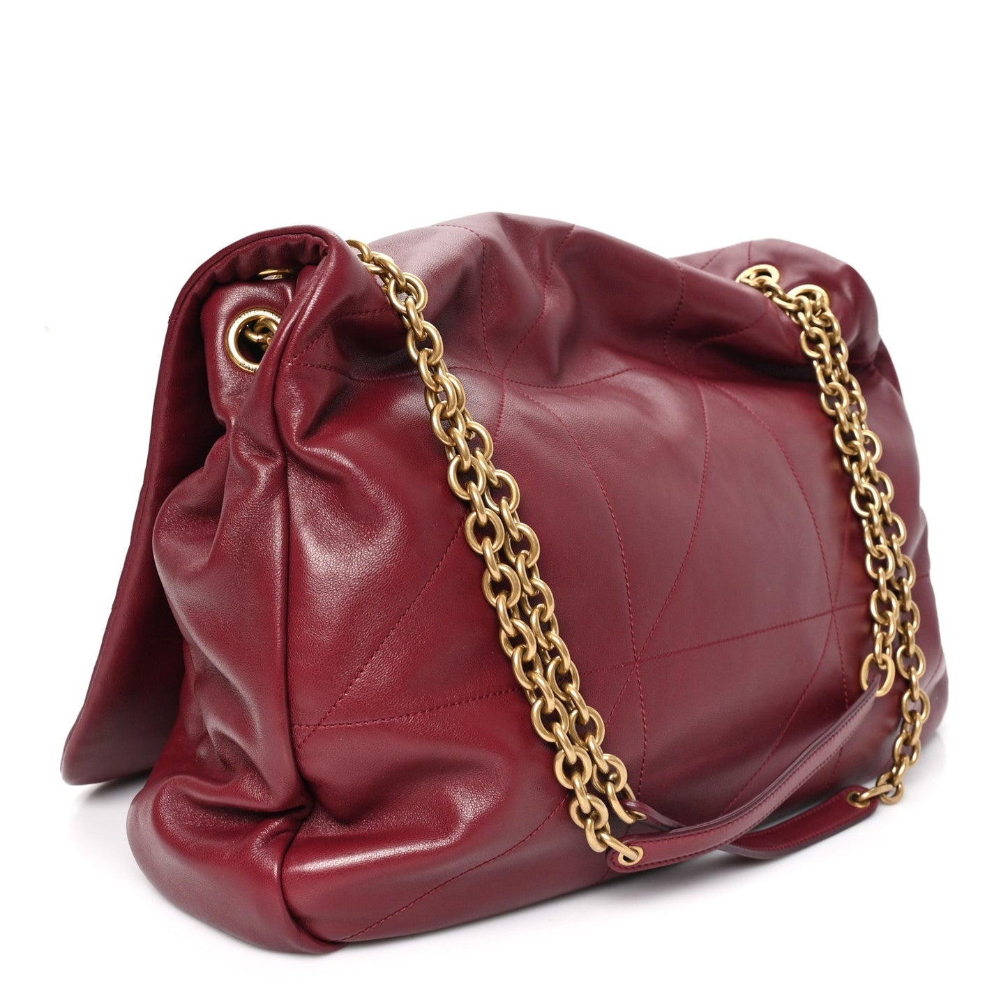 Dark bordeaux lambskin shoulder bag with gathered flap, gold chain strap, and stitching