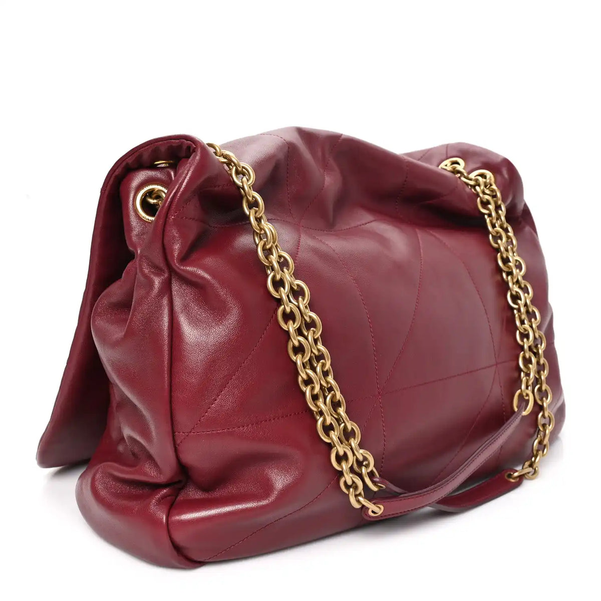 Dark bordeaux lambskin shoulder bag with gathered flap, gold chain strap, and stitching
