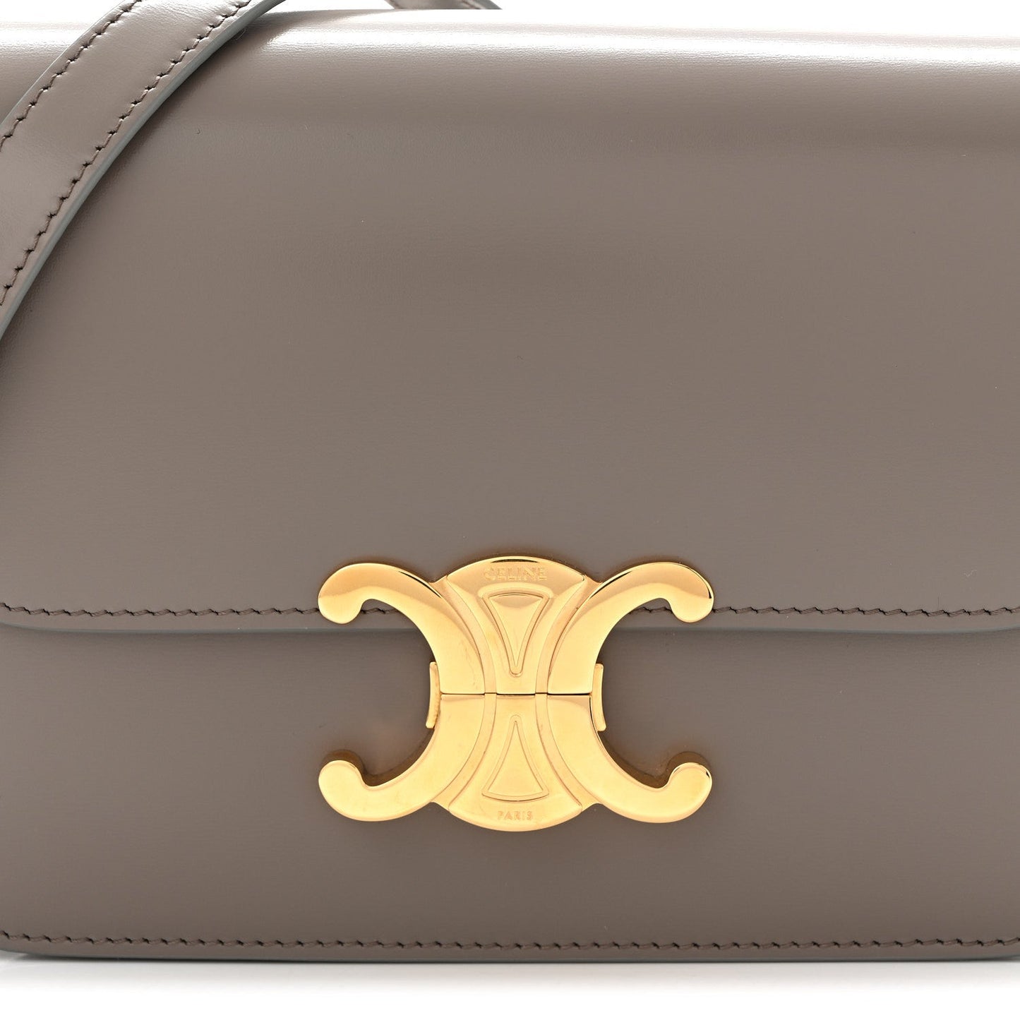 Gold-tone Celine logo on flap of shiny calfskin shoulder bag, light gray