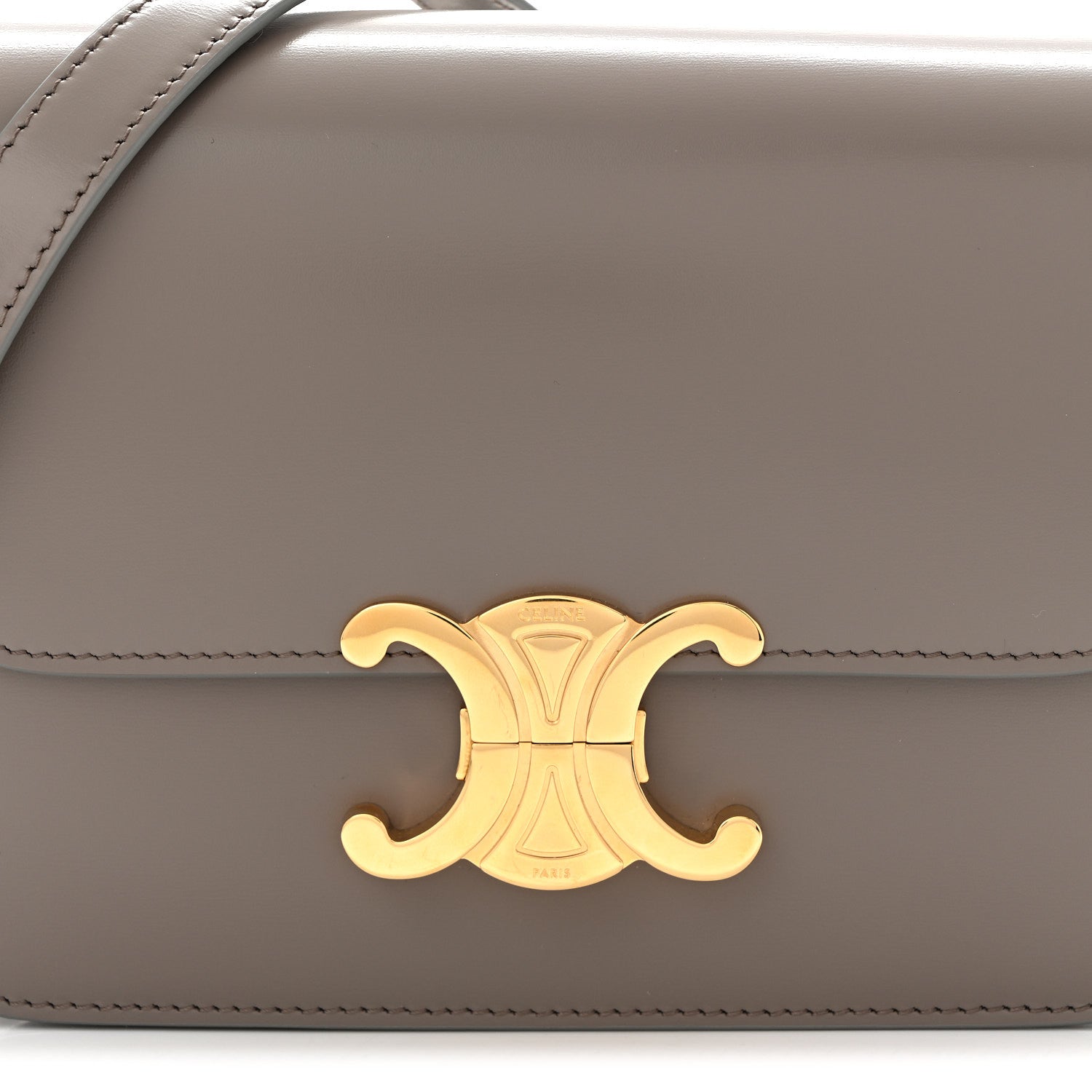 Gold-tone Celine logo on flap of shiny calfskin shoulder bag, light gray