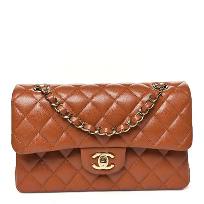 Chanel small double flap bag in caramel quilted caviar leather with gold chain